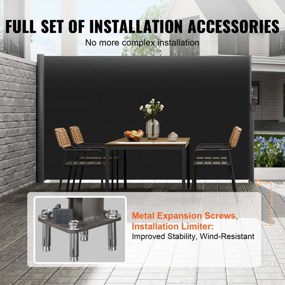 VEVOR Retractable Side Awning, 118" x 71", Retractable Patio Screen Waterproof, Retractable Room Divider Black for Privacy, Garden, Outdoor, Patio and Terrace