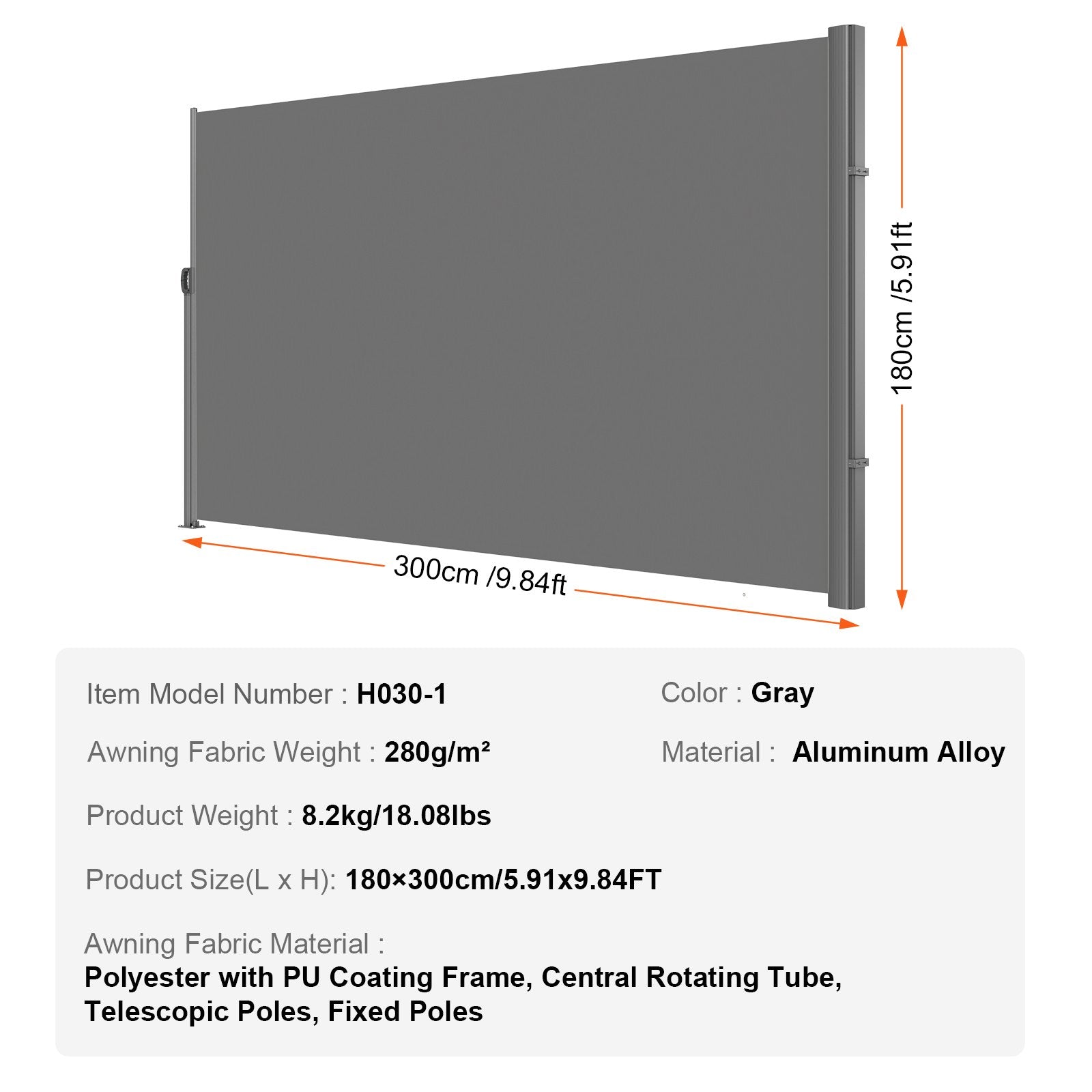 VEVOR Retractable Side Awning 118" x 71", Retractable Patio Screen Waterproof, Retractable Room Divider Grey for Privacy, Garden, Outdoor, Patio and Terrace