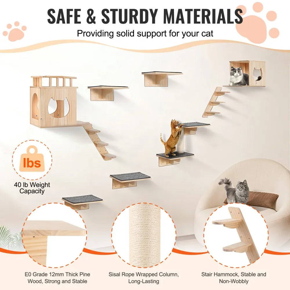Wall Mounted Cat Shelves Set of 9 – Wooden Cat Wall Perches, Hammocks & Jumping Platforms – Space-Saving Cat Furniture (Natural Pine)