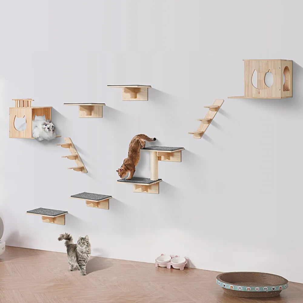 Wall Mounted Cat Shelves Set of 9 – Wooden Cat Wall Perches, Hammocks & Jumping Platforms – Space-Saving Cat Furniture (Natural Pine)