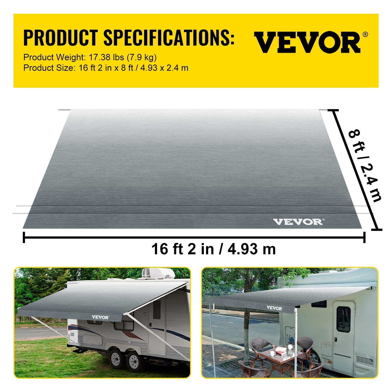 VEVOR RV Awning Replacement Fabric 17 FT, Gray Fade RV Awning Replacement Fabric, 15oz Vinyl Material Replacement Awning, Sun Shade and Waterproof Camper Awning Replacement Fabric