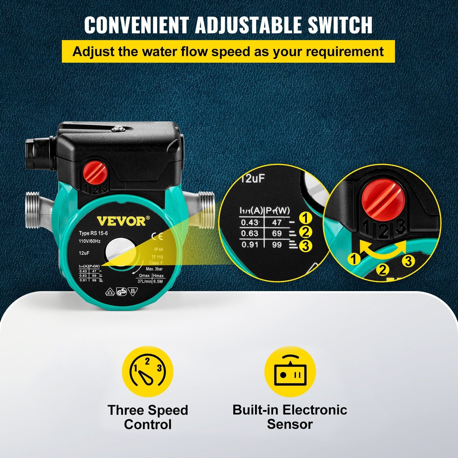 VEVOR Recirculating Pump, 93W 110V Water Circulator Pump, Automatic Start Circulating Pump NPT 3/4" w/Brass Fittings, Stainless Steel Pump Head, Three Speed Control for Electric Water Heater System