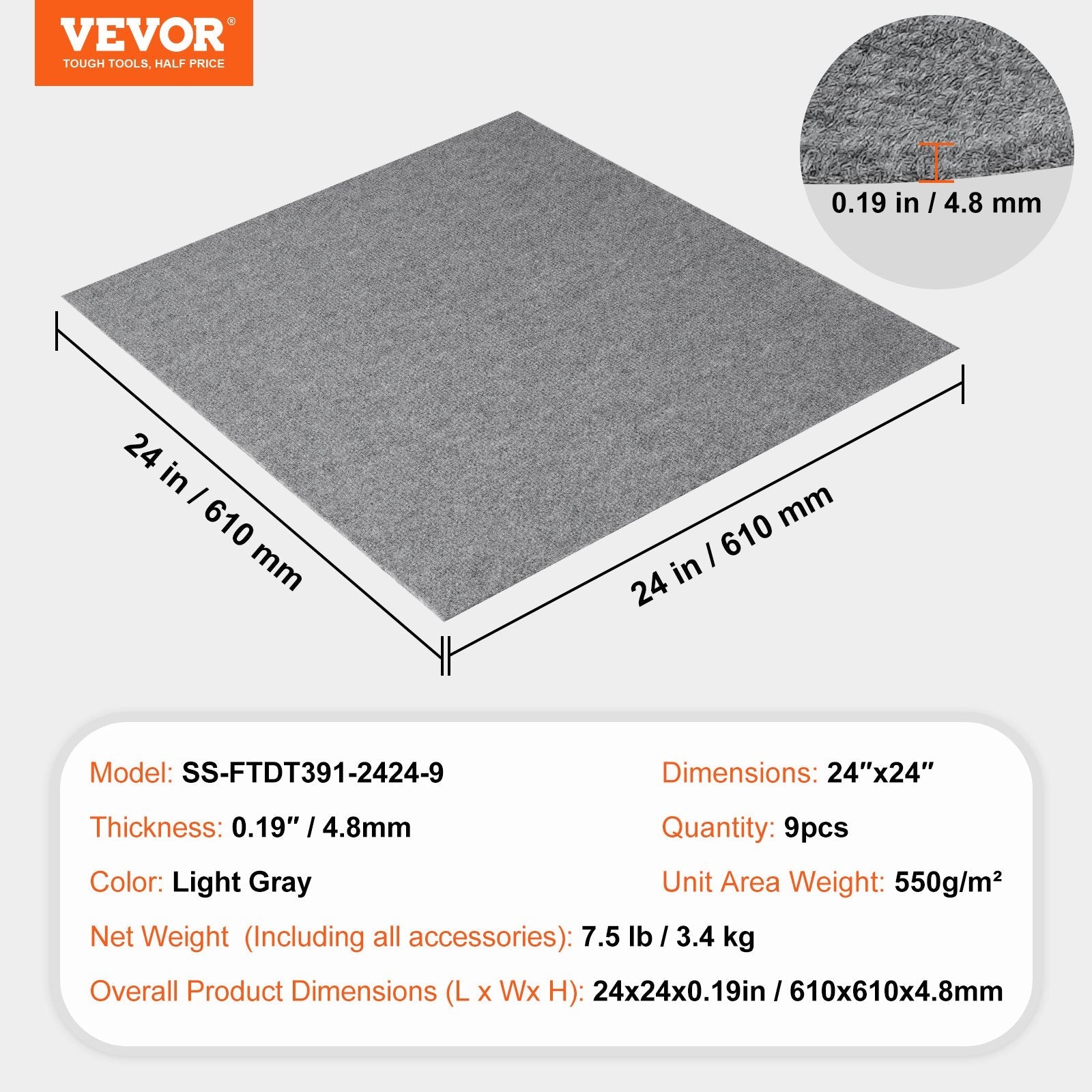 VEVOR Carpet Tiles Peel and Stick, 24” x 24” Squares Self Adhesive Carpet Floor Tile, Soft Padded Carpet Tiles, Easy Install DIY for Bedroom Living Room Indoor Outdoor (9Tiles, Light Gray)