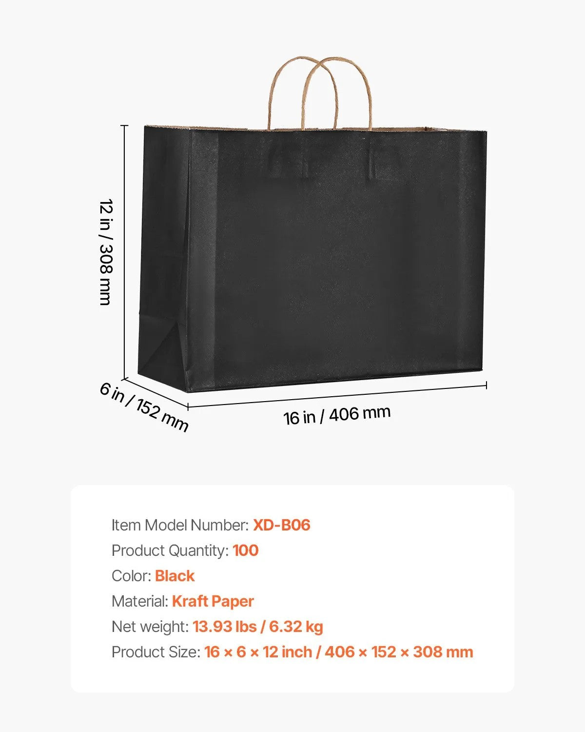 VEVOR Kraft Paper Bags with Handles 100Pcs 16x6x12 in Party Shopping Bag Black