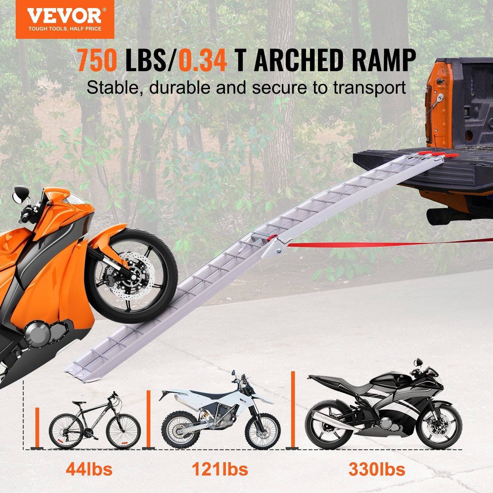 VEVOR Motorcycle Ramps, 750lbs Folding Loading Ramps for Pickup Trucks Bed, Trailers Ramp with Load Straps for Motorcycle, Dirt Bike, UTV, Lawn Mower, Truck, Snowblower, Cargo Trailer, 89"L x 12"W,1Pc