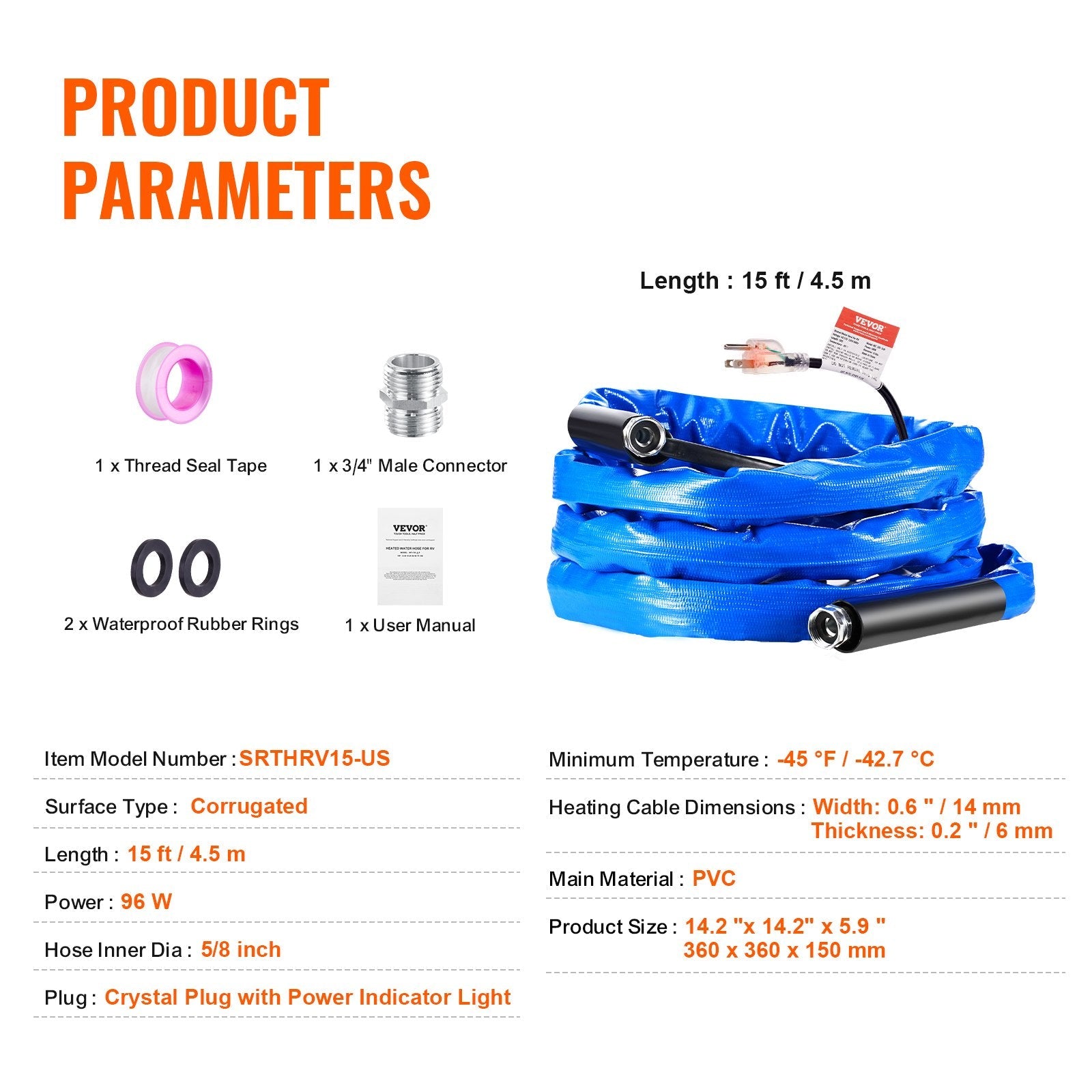 VEVOR 15ft Heated Water Hose for RV -45? Antifreeze Heated Drinking Water Hose