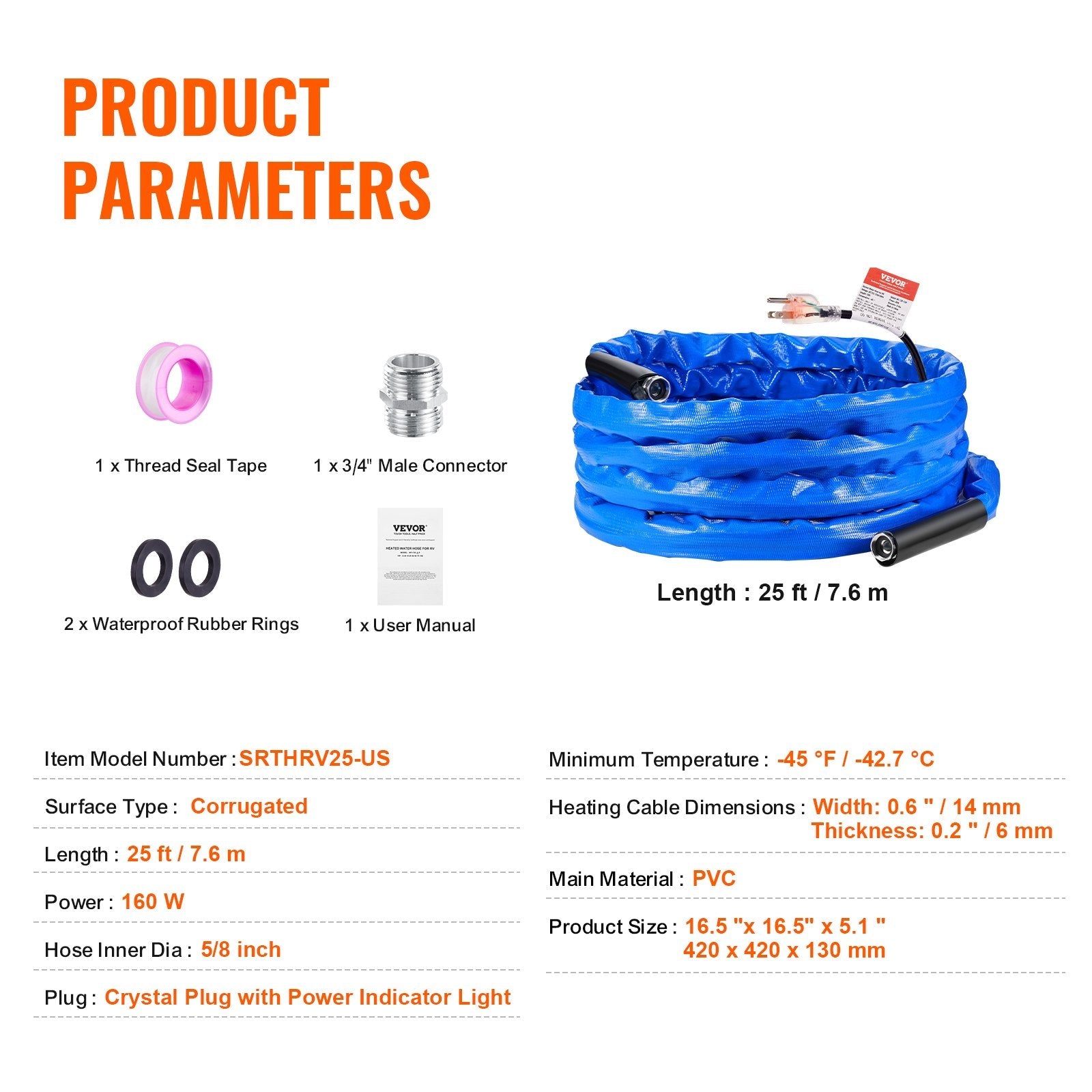 VEVOR 25ft Heated Water Hose for RV -45? Antifreeze Heated Drinking Water Hose