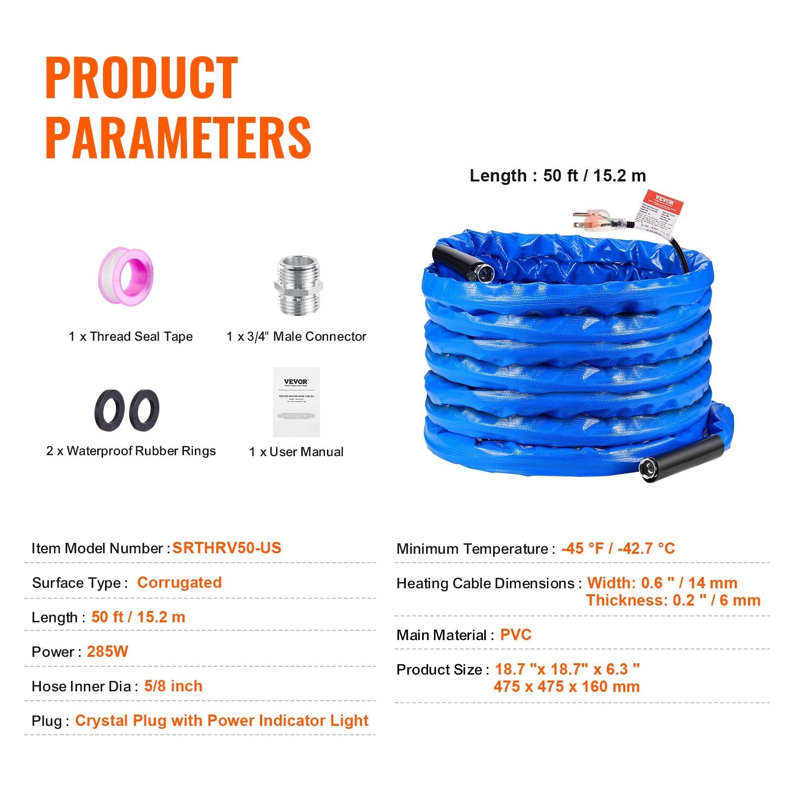 VEVOR 50ft Heated Water Hose for RV -45? Antifreeze Heated Drinking Water Hose