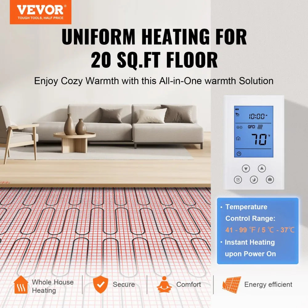 VEVOR Floor Heating Mat, 20 Sq. ft, Electric Radiant In-Floor Heated Warm System with Digital Floor Sensing Thermostat, Includes Installation Monitor, Adhesive Back for Easy Installation on The Floor