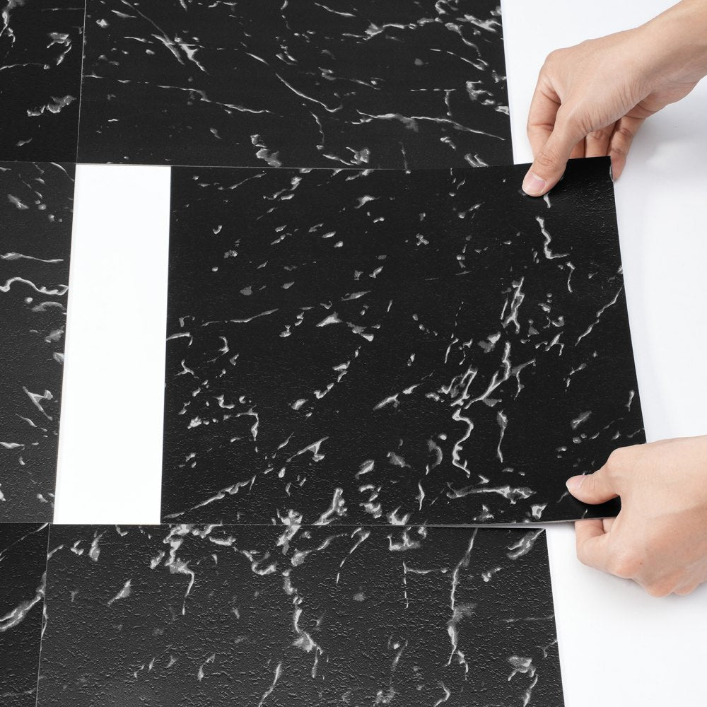 VEVOR Self Adhesive Vinyl Floor Tiles 12 x 12 inch, 50 Tiles 1.5mm Thick Peel & Stick, Black Marble Texture DIY Flooring for Kitchen, Dining Room, Bedrooms & Bathrooms, Easy for Home Decor