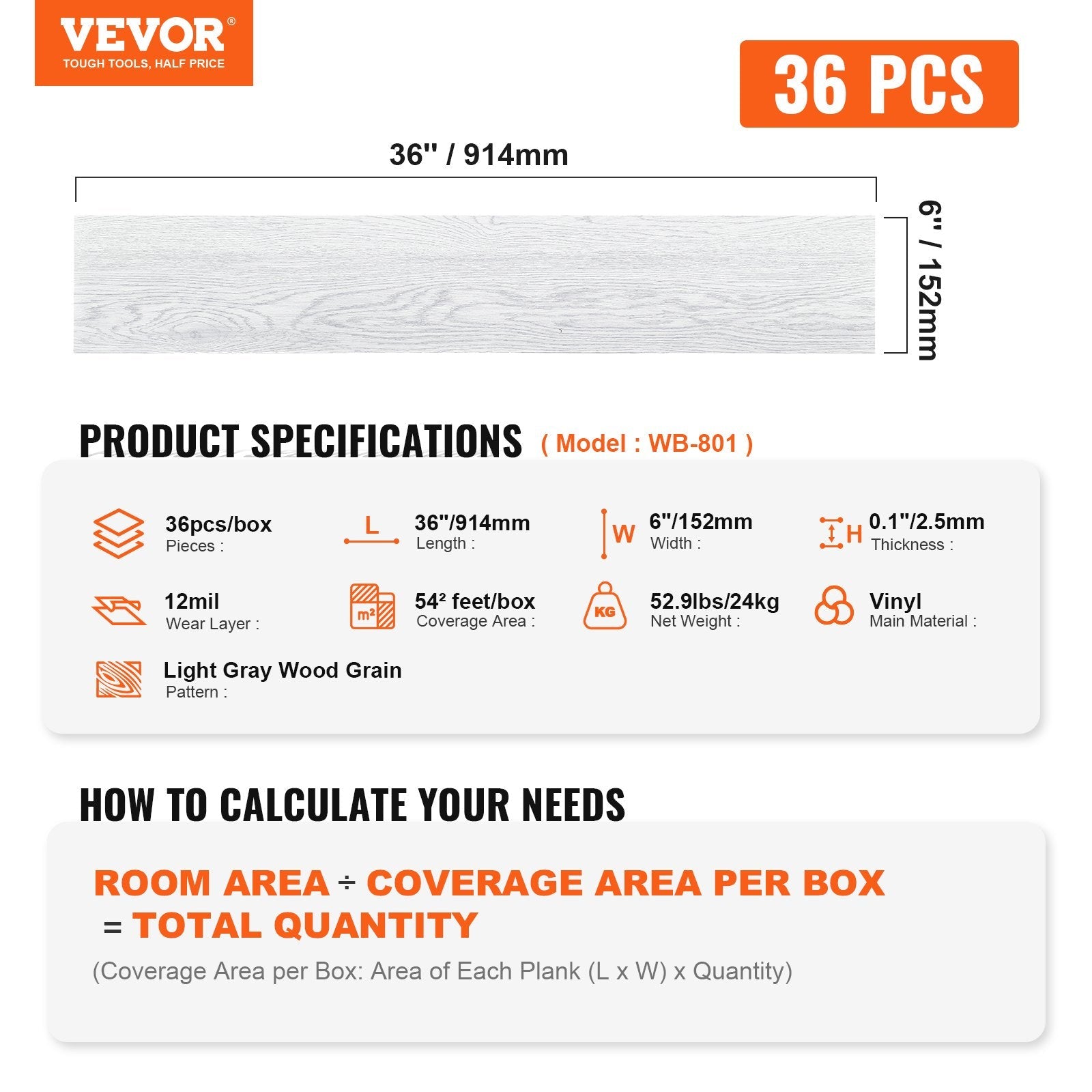 VEVOR Self Adhesive Vinyl Floor Tiles 36 x 6 inch, 36 Tiles 2.5mm Thick Peel & Stick, Light Gray Wood Grain DIY Flooring for Kitchen, Dining Room, Bedrooms & Bathrooms, Easy for Home Decor