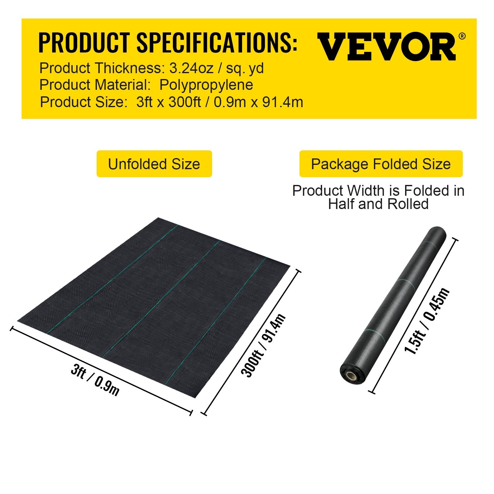 VEVOR Garden Weed Barrier Fabric, 3.24oz Heavy Duty Landscape Fabric, 3x300 ft Weed Block Control for Garden Ground Cover, Woven Geotextile Fabric for Landscaping, Gardening, Underlayment, Black