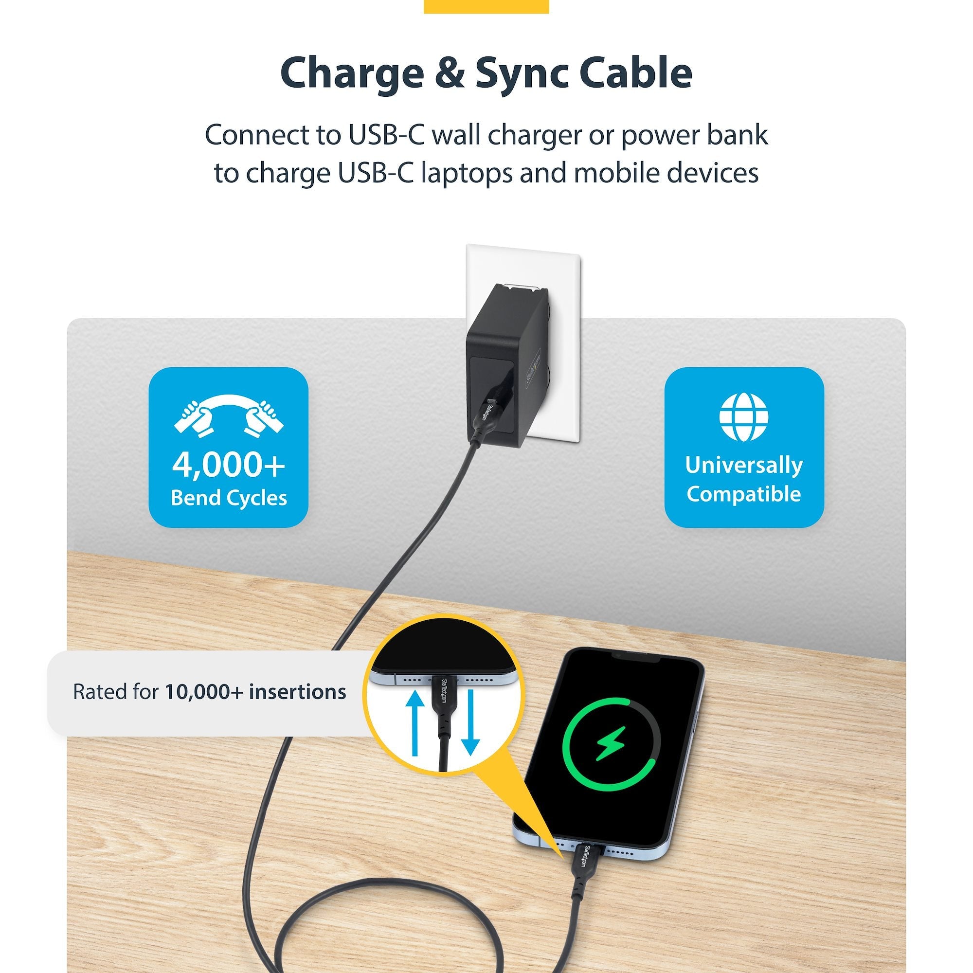 15ft (4.5m) USB-C Charging Cable, Charge & Sync, 60W (3A) PD, USB 2.0 Laptop Charger Cable, TPE Jacket - Black USB C Charging Cord