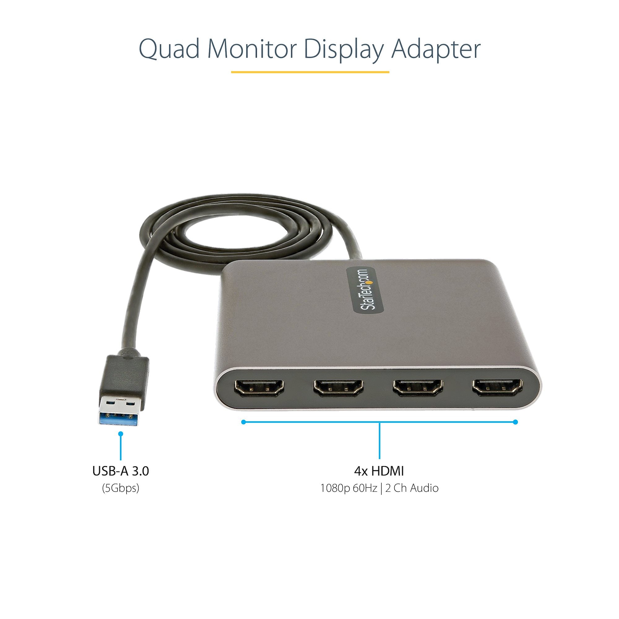 USB 3.0 to Quad HDMI Adapter, USB to 4x HDMI Monitor Converter for Windows (no support for macOS/ChromeOS/Linux) - TAA