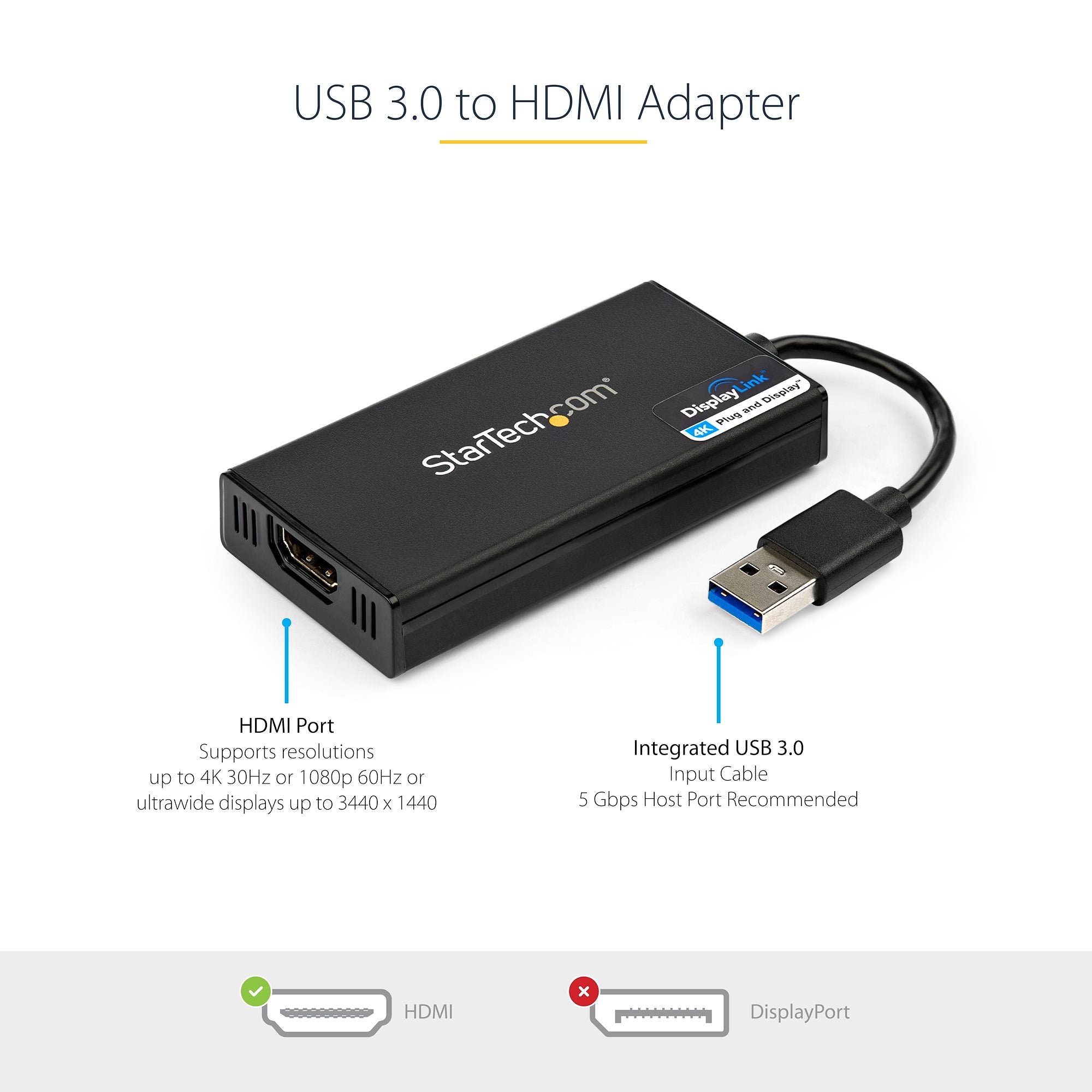 USB 3.0 to HDMI Adapter, 4K 30Hz UHD, DisplayLink Certified, USB to HDMI Display Adapter, USB to HDMI Adapter for Mac & Windows - TAA