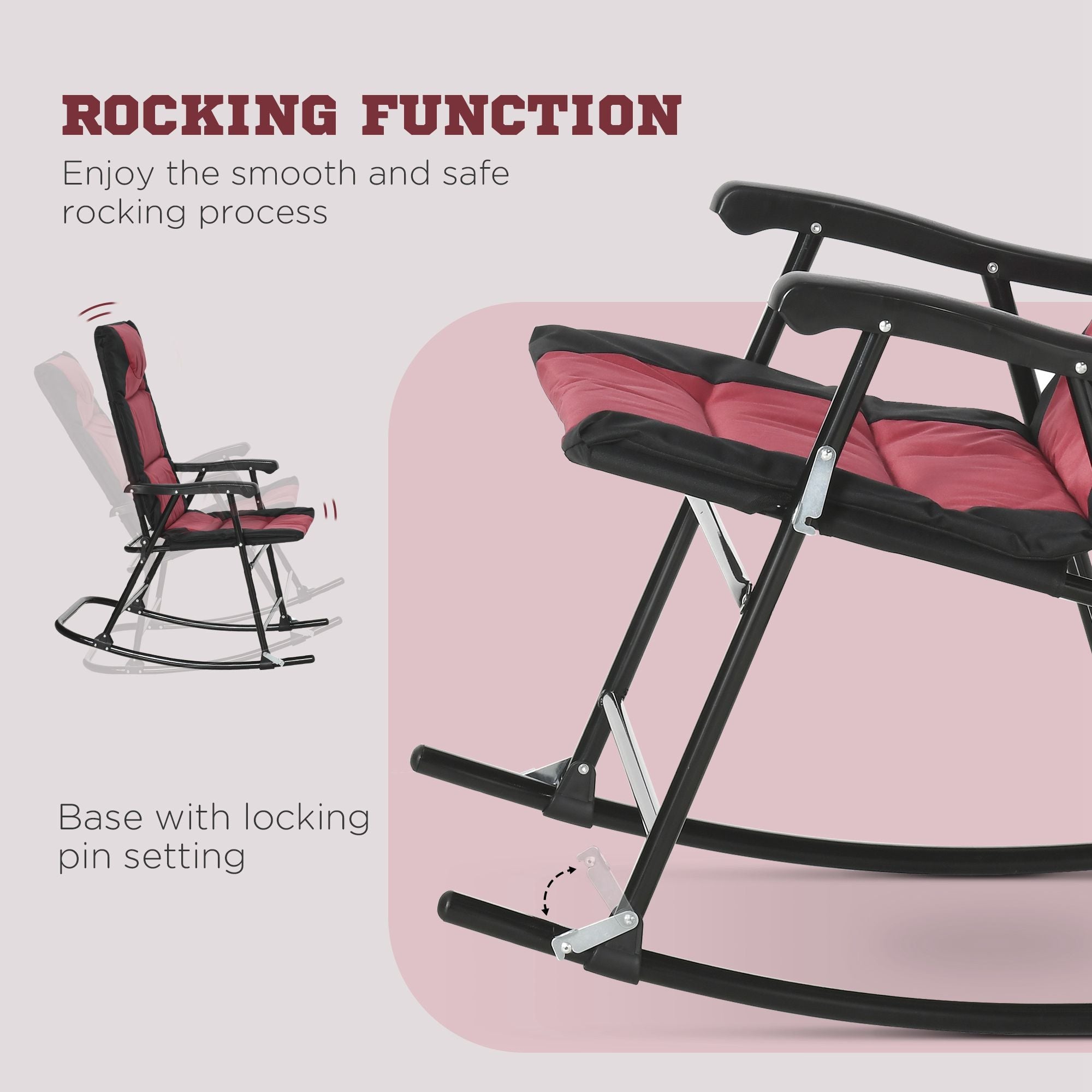 Outsunny 3pc Outdoor Folding Rocking Chair and Table Set Camping Yard Lounger Seat Patio Bistro Set w/ Padded Seat Red