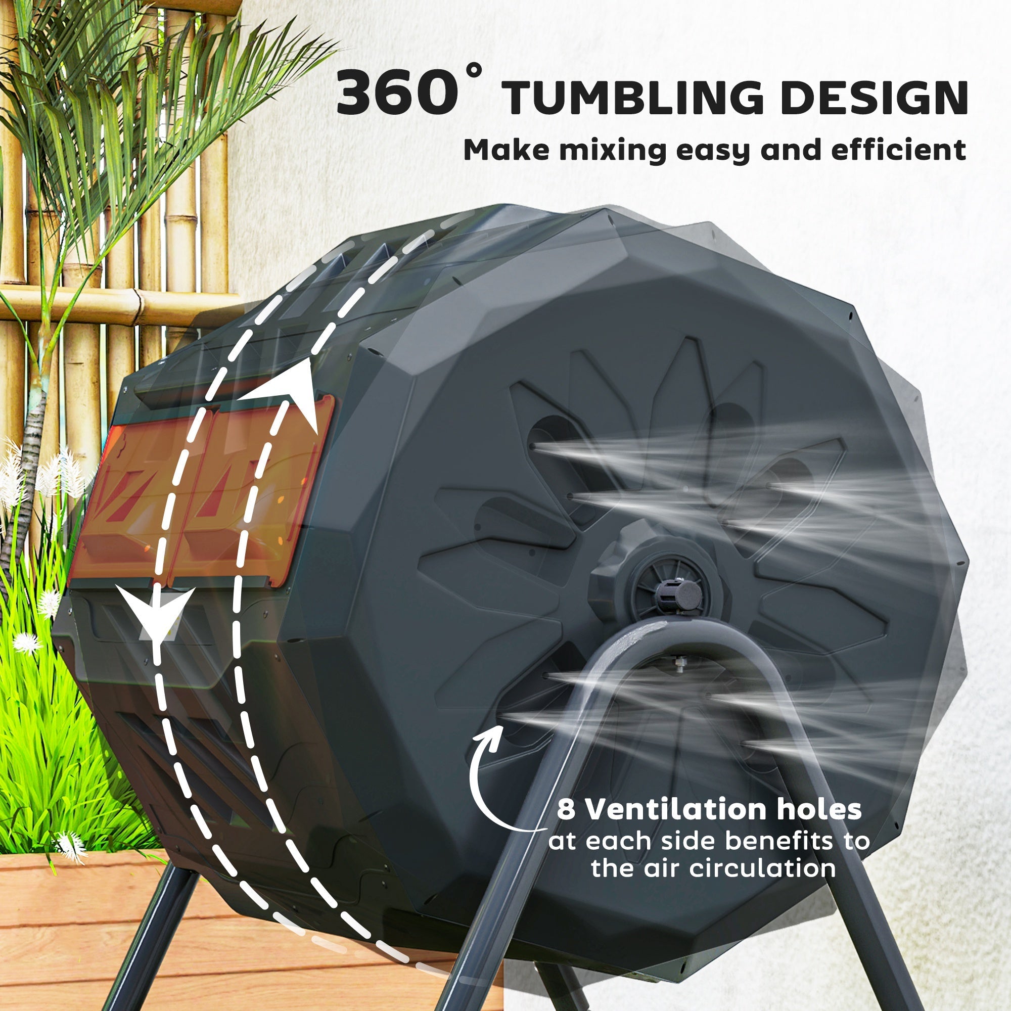 Outsunny Tumbling Compost Bin Outdoor Dual Chamber 360° Rotating Composter 43 Gallon with Sliding Doors, Orange