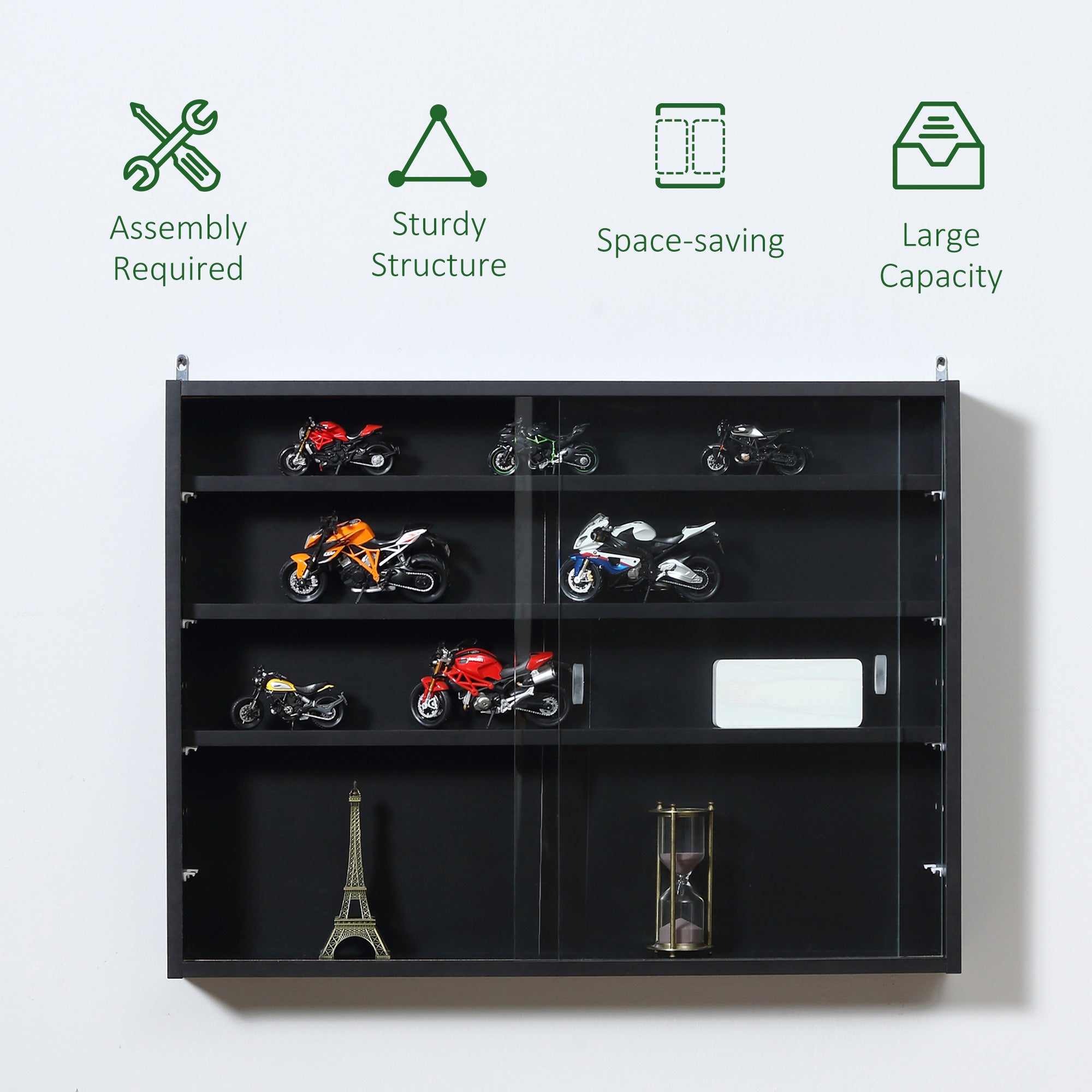 HOMCOM Display Delight: Unique 5-Tier Wall Shelf Cabinet with 2 Glass Doors, 4 Adjustable Shelves, Perfect for Home Decor, Black Finish