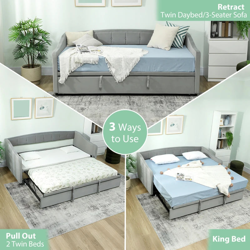 Upholstered Twin Size Trundle Bed, Velvet Twin to King Day Bed with Pop Up Trundle, Headboard and 2 Pockets, Light Grey