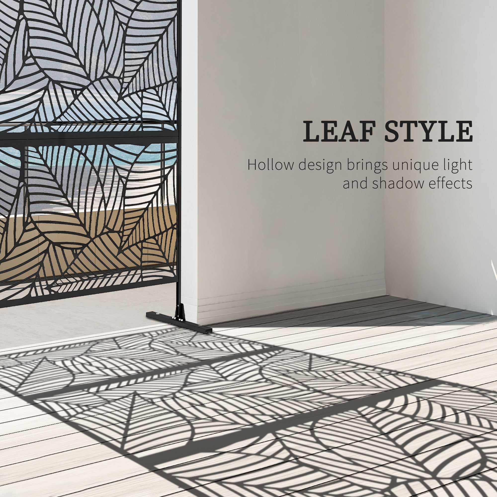 Outsunny 6.5FT Decorative Outdoor Divider, Metal Privacy Screen with Stand, Large Leaf Style, Black