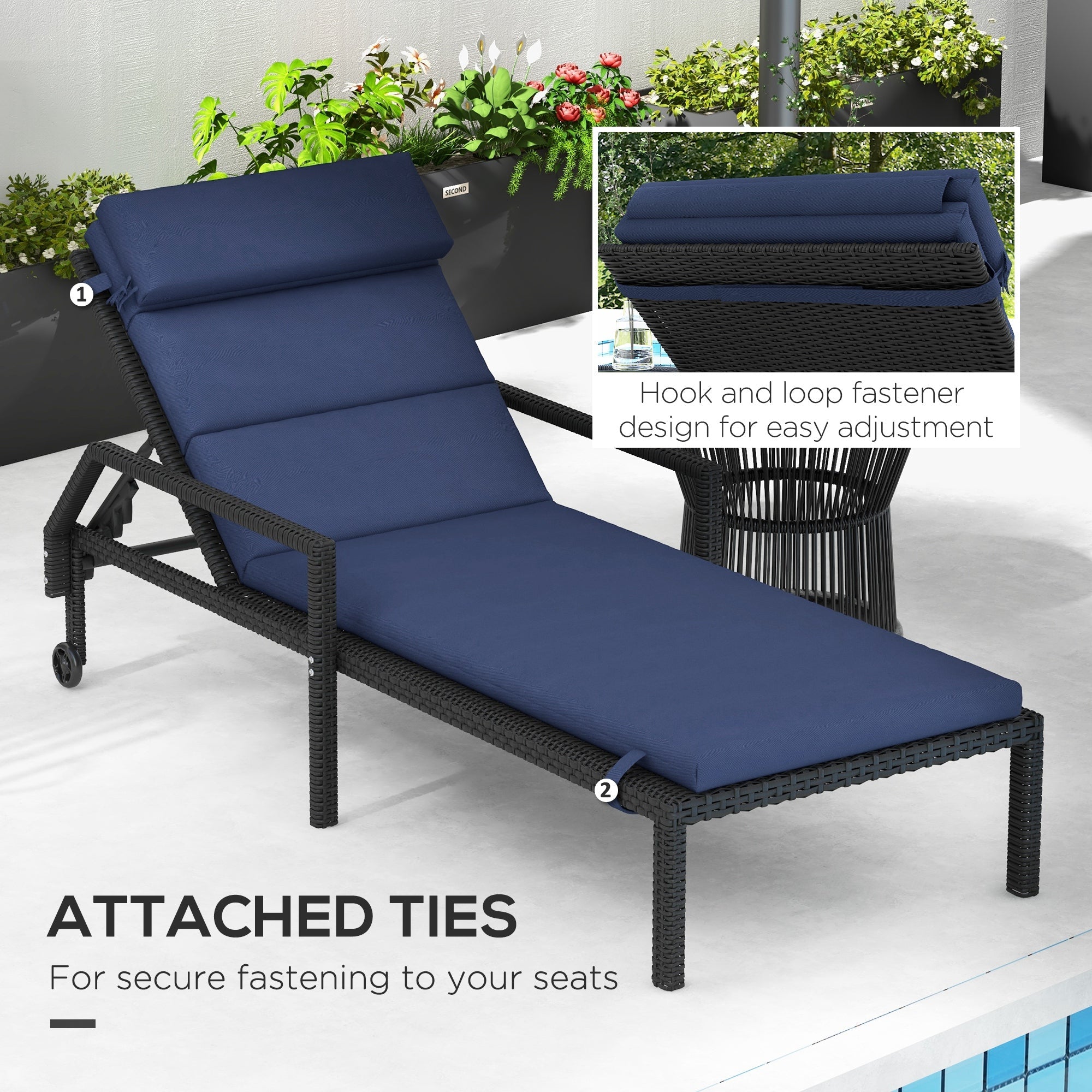 Outsunny Dark Blue Chaise Lounge Chair Cushion with Headrest and Ties for Sun Lounger Comfort Replacement
