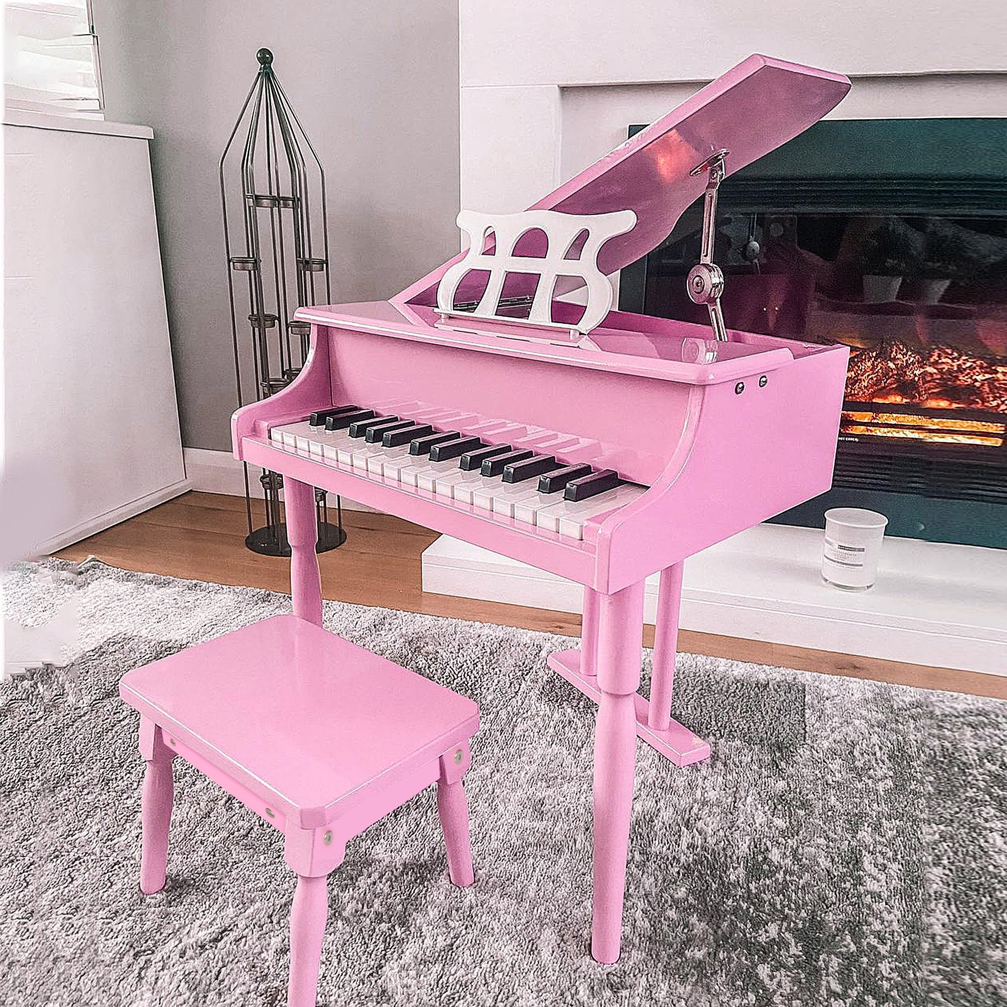 HOMCOM Kids Grand Piano 30 Keys Mini Musical Toy with Music Stand Bench Set of 2 Ideal Gift for Children Pink