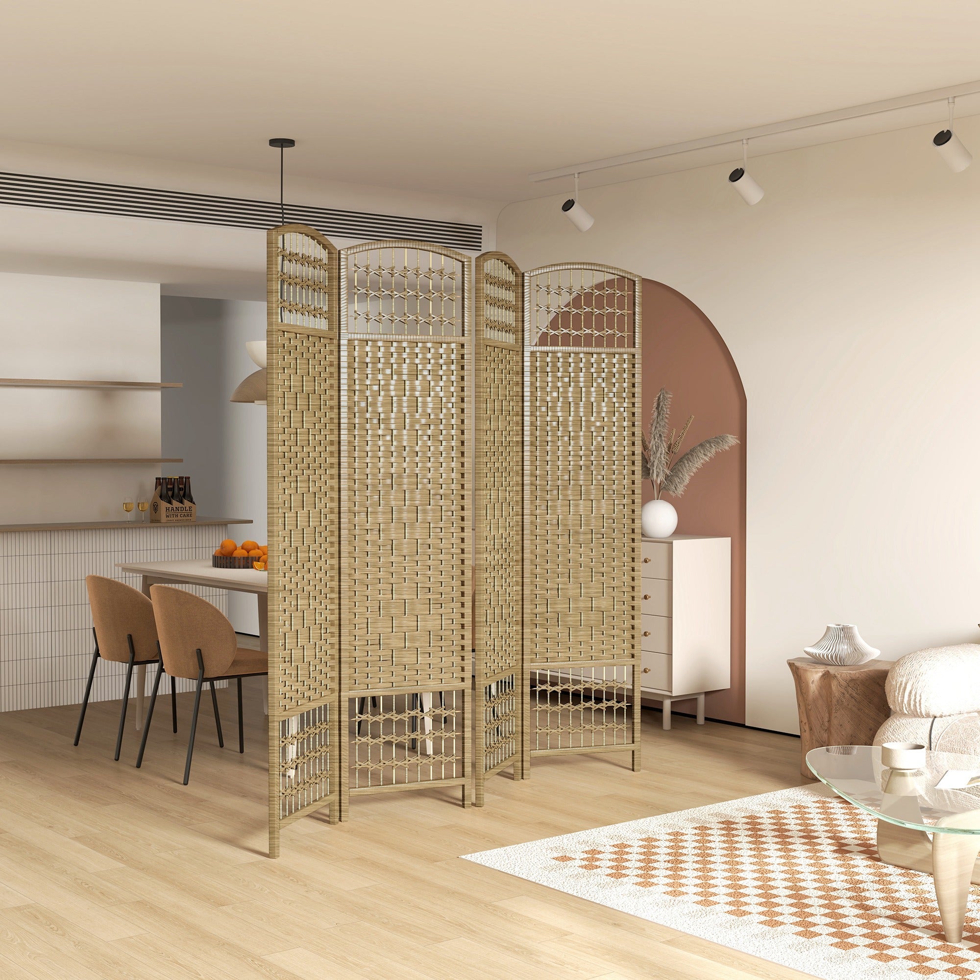 HOMCOM 4-Panel Folding Room Partition: Portable Privacy Screen, Wave Fiber Room Partition for Home Office, Natural