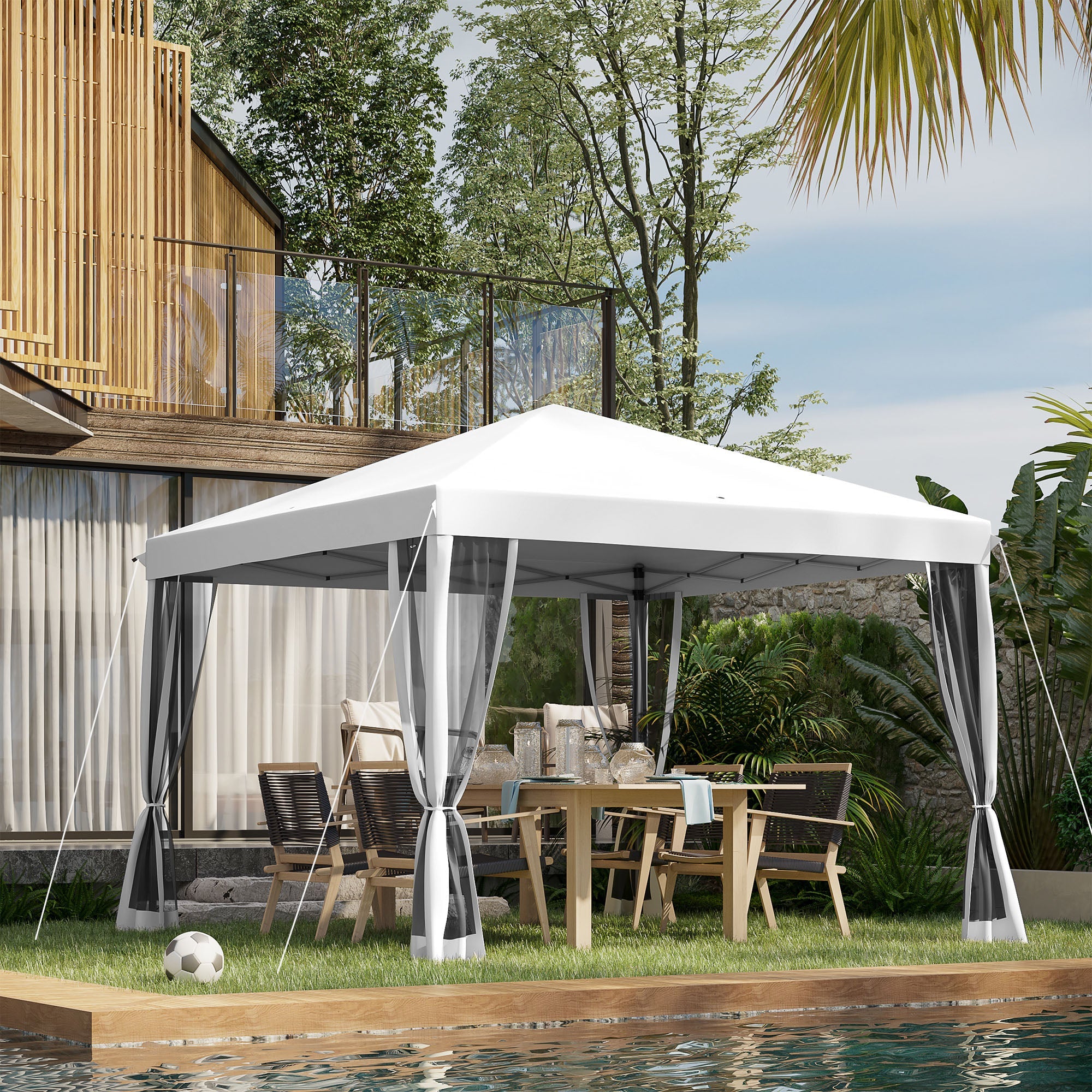 Outsunny 10x10 Pop-Up Gazebo Tent with Mesh Sidewalls & Carry Bag for Outdoor Patio, UV Protection, Cream White