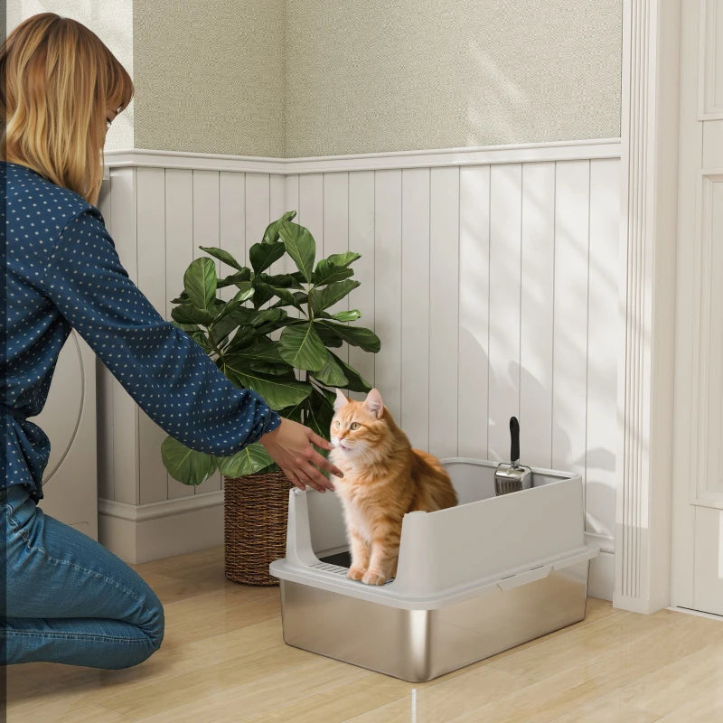 XL Stainless Steel Cat Litter Box for Big and Multiple Cats with High Wall Side, Scoop, Easy Cleaning & Odor Free