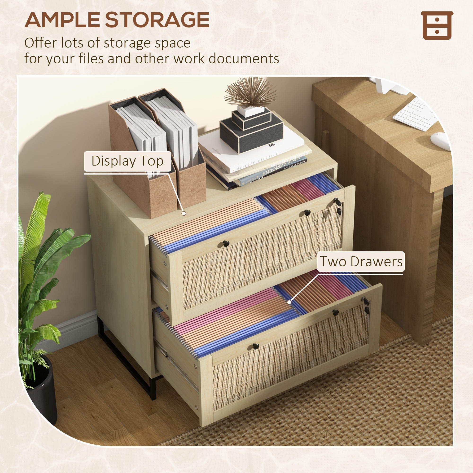 Vinsetto Boho Lockable 2 Drawer File Cabinet Adjustable Bar for Letter A4 Legal Size Natural Office Storage