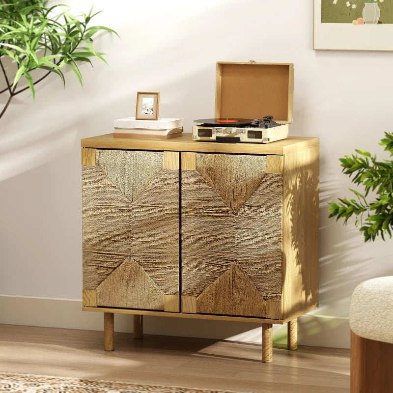 Handwoven Rope Accent Cabinet Boho Sideboard Buffet Cabinet with Push to Open Doors Adjustable Shelf Pine Wood Legs Oak