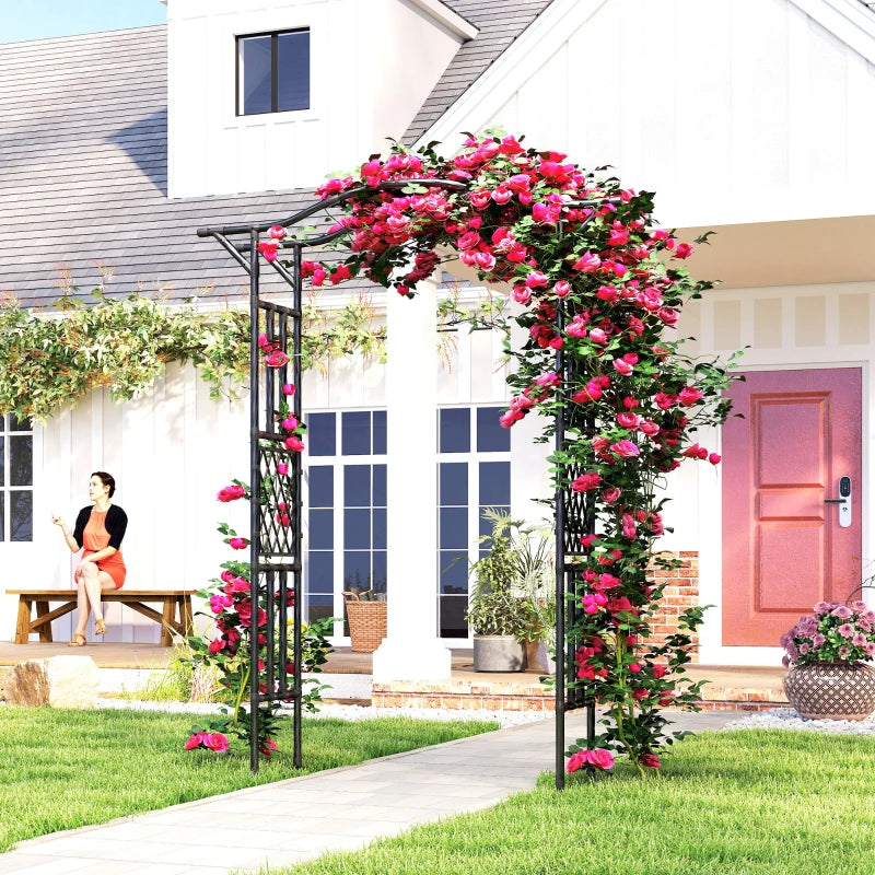 Garden Arch Outdoor Trellis Arbor with Extended Top, 66.9" x 15.7" x 90.6", Black