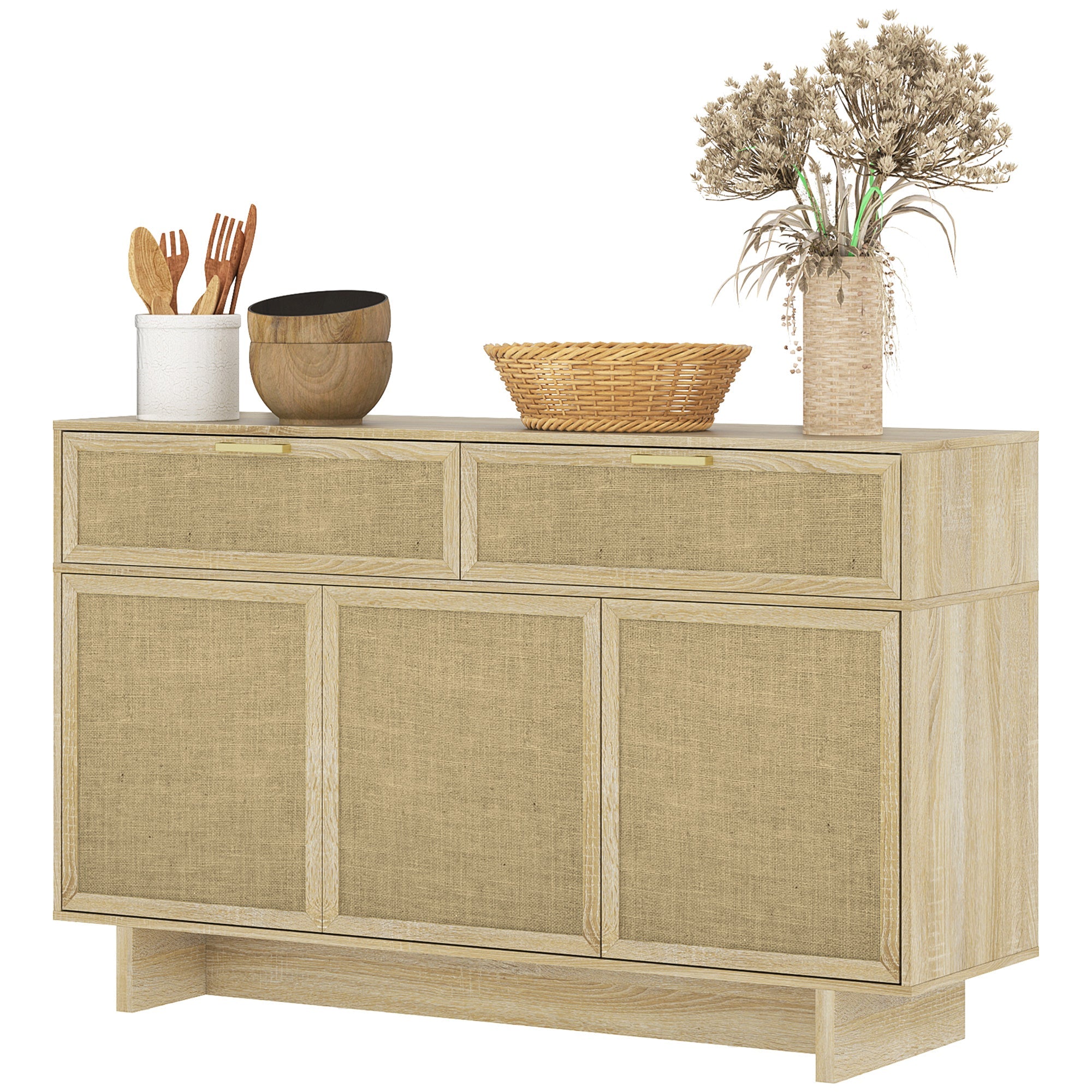 HOMCOM Boho Kitchen Sideboard Buffet Cabinet with Hinge Doors, Drawers and Adjustable Shelf for Living Room, Natural Wood