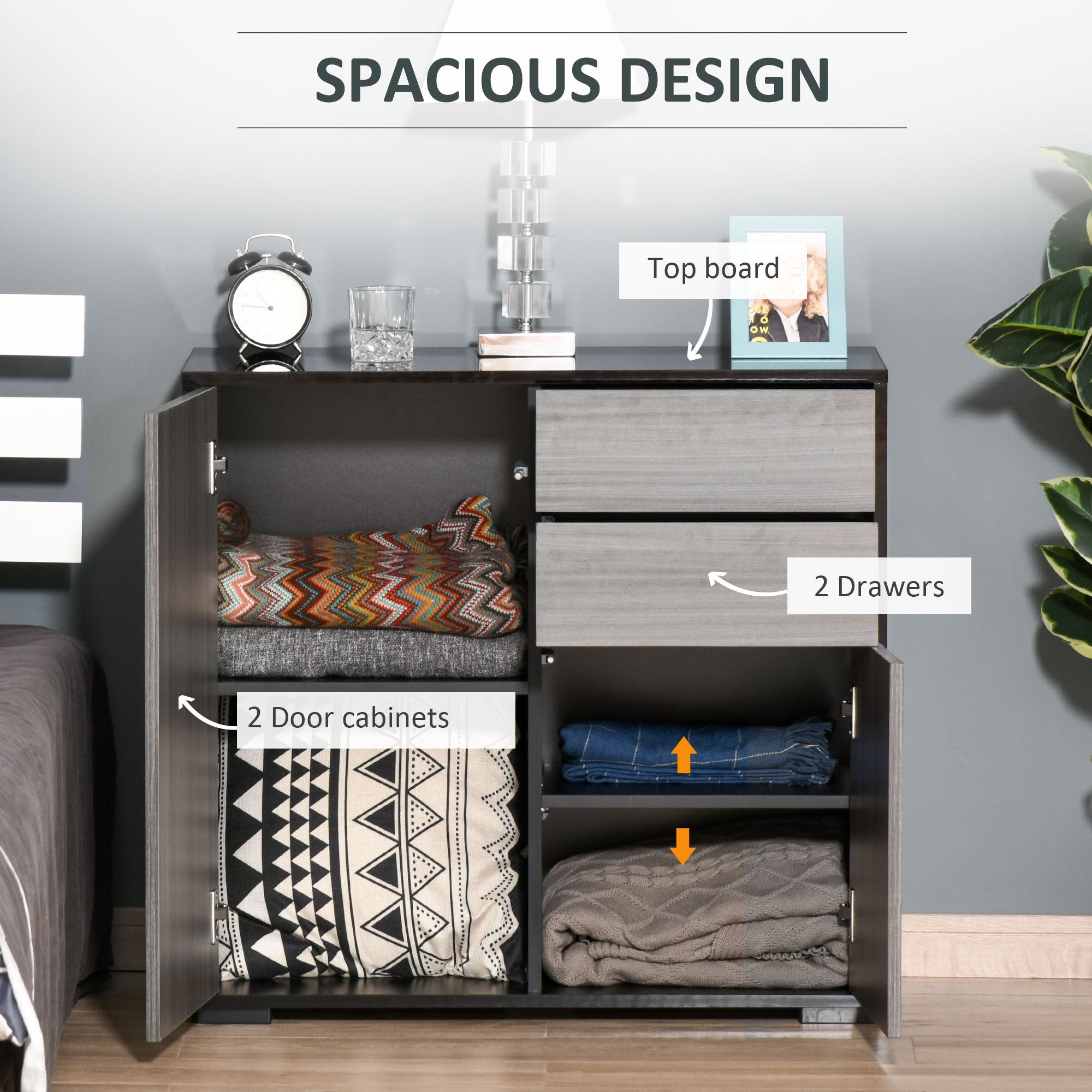 HOMCOM Stylish Buffet Sideboard High Gloss Grey Black Kitchen Storage Cabinet Cupboard with Push Open Design 2 Drawer 2 Doors Shelf