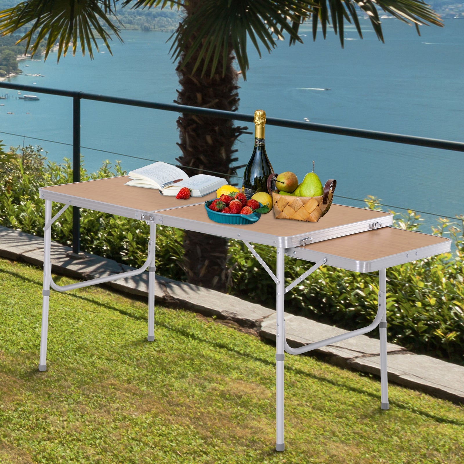 Outsunny Portable Picnic Table with Slide Shelf Foldable Design 2 Adjustable Heights for Outdoor Use
