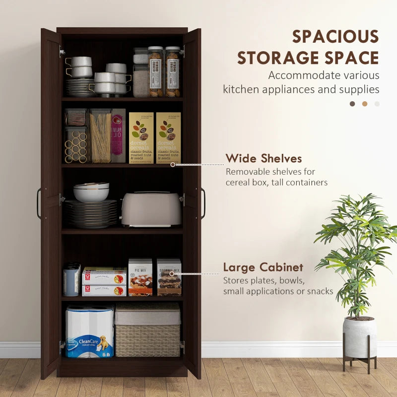63" Kitchen Storage Cabinet, 5-tier Pantry Cabinet with Doors and Adjustable Shelves for Dining Room, Dark Brown