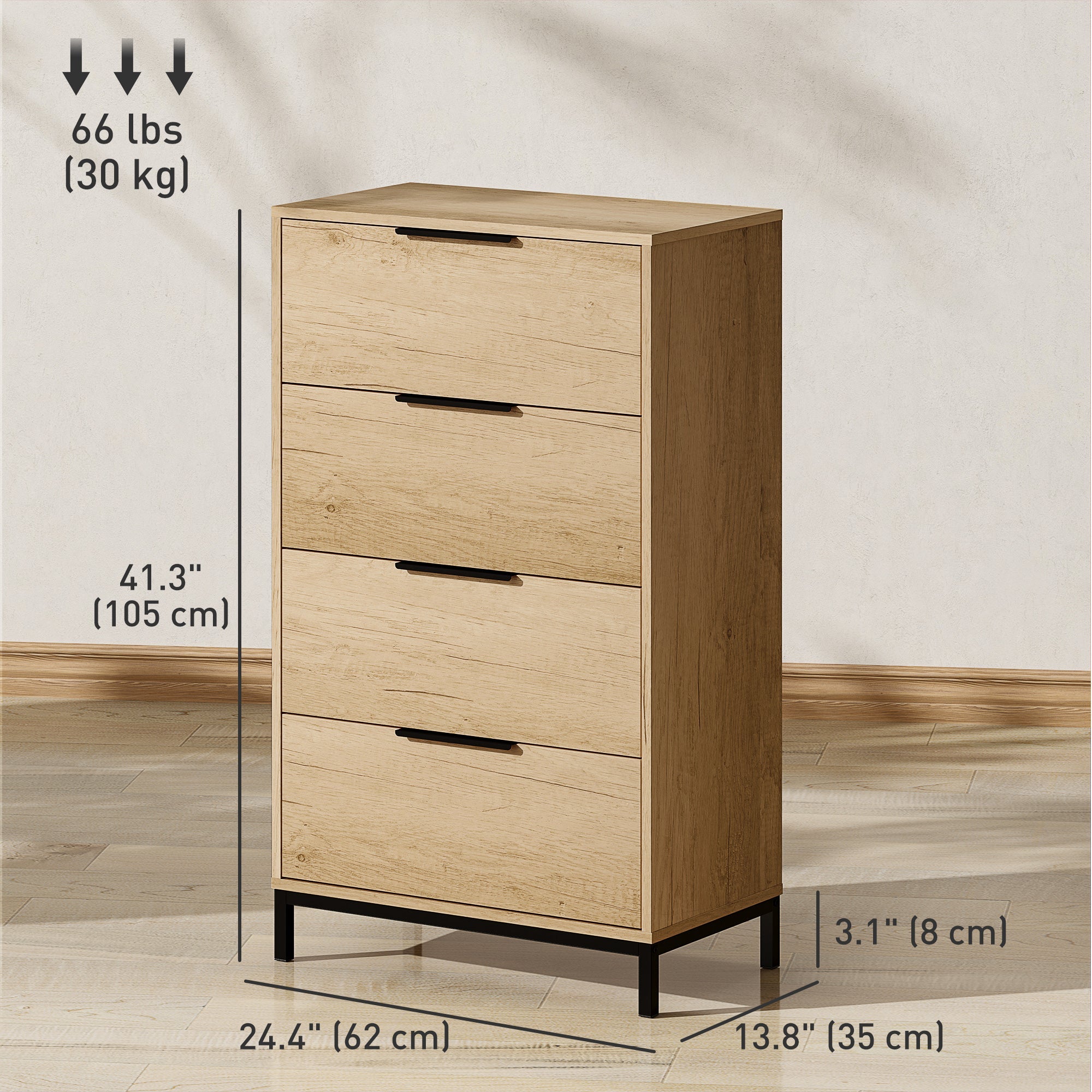 HOMCOM Dresser for Bedroom, 4 Drawer Dresser Tower, Chest of Drawers for Hallway, Entryway, Closet, Natural