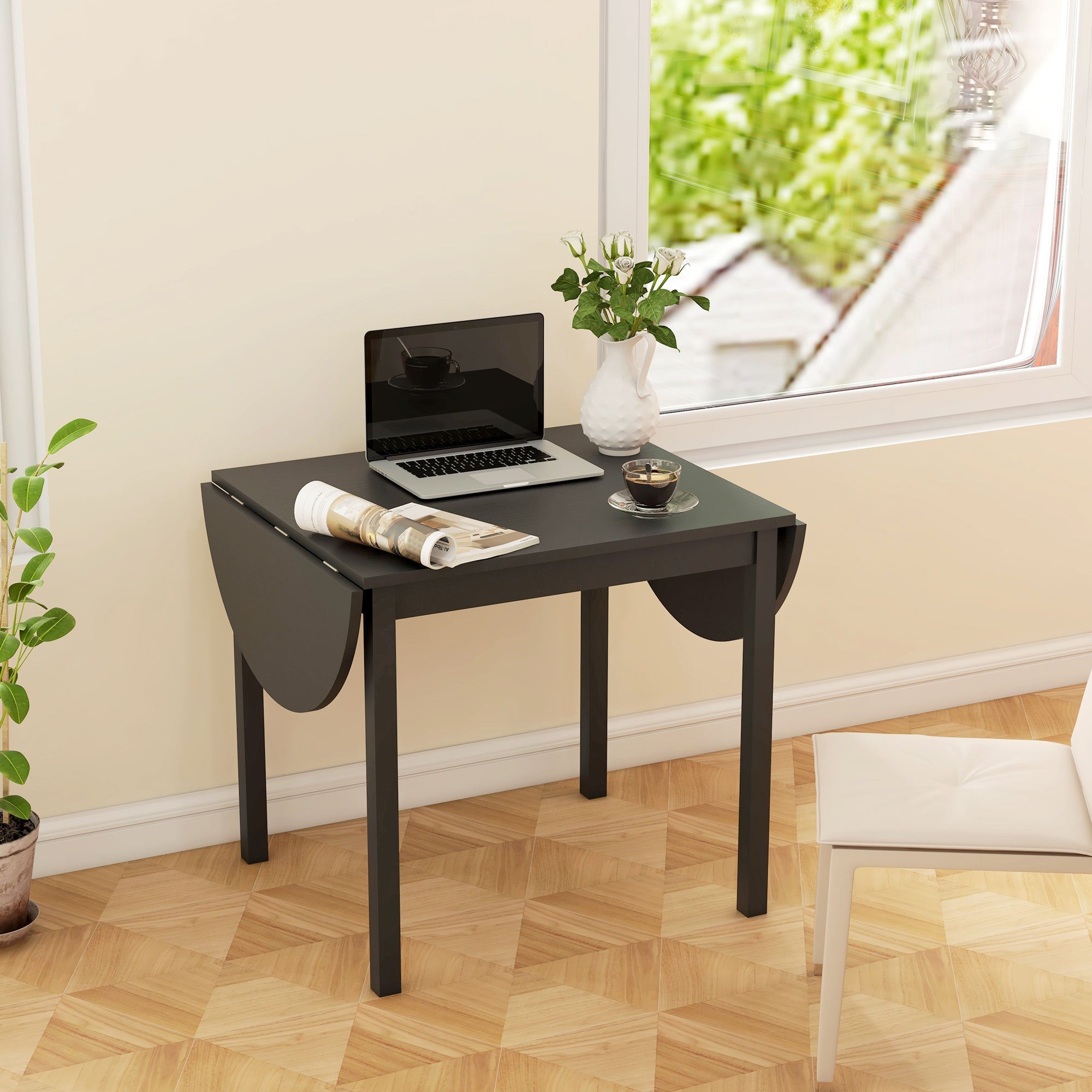HOMCOM Space-Saving Solid Wood Dining Table - Drop Leaf Design for Small Spaces, Folding, Black
