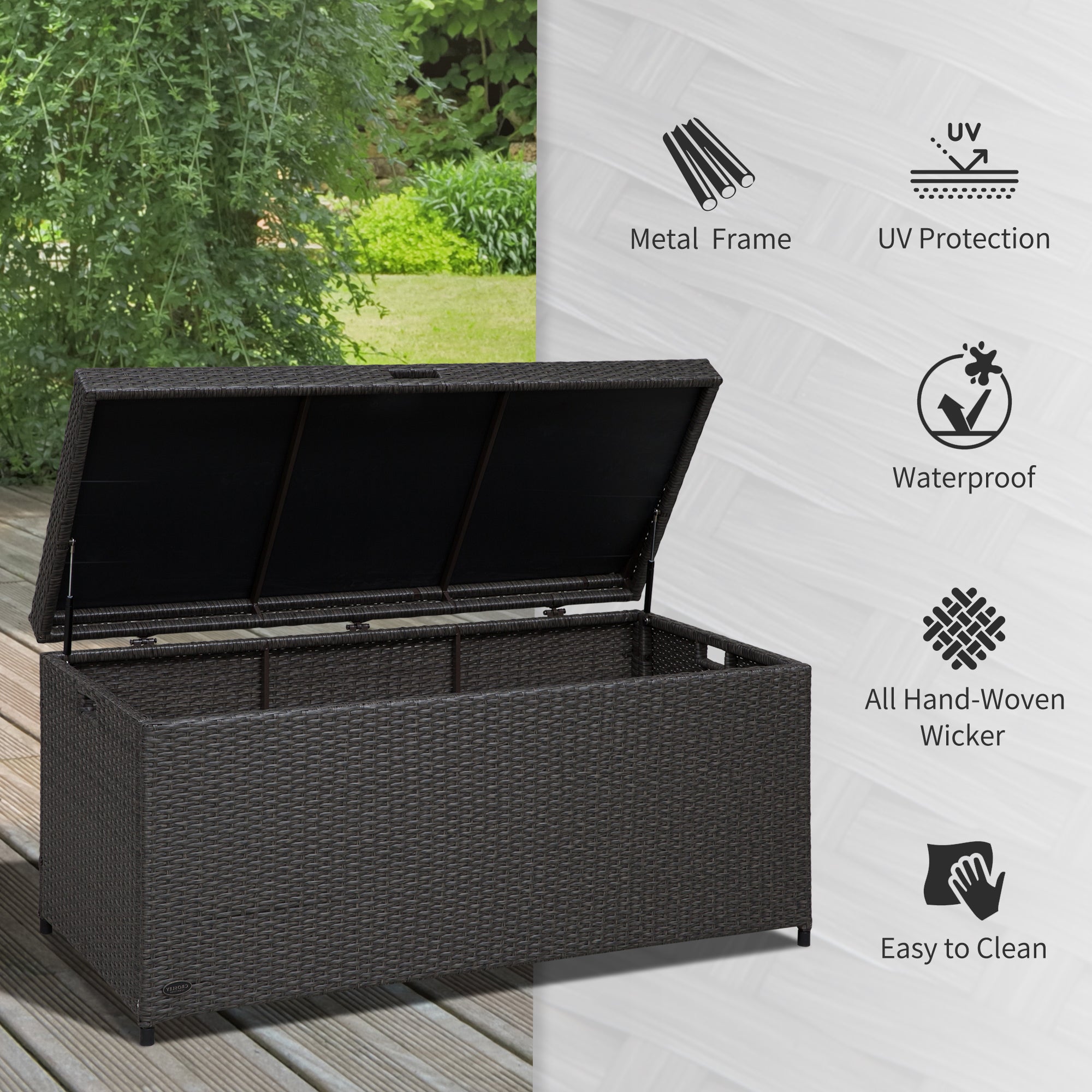 Outsunny Outdoor Storage Box Wicker Patio Deck Bin Rattan Foot Stool w/Steel Frame Large Capacity Rectangle Coffee Table w/Handle
