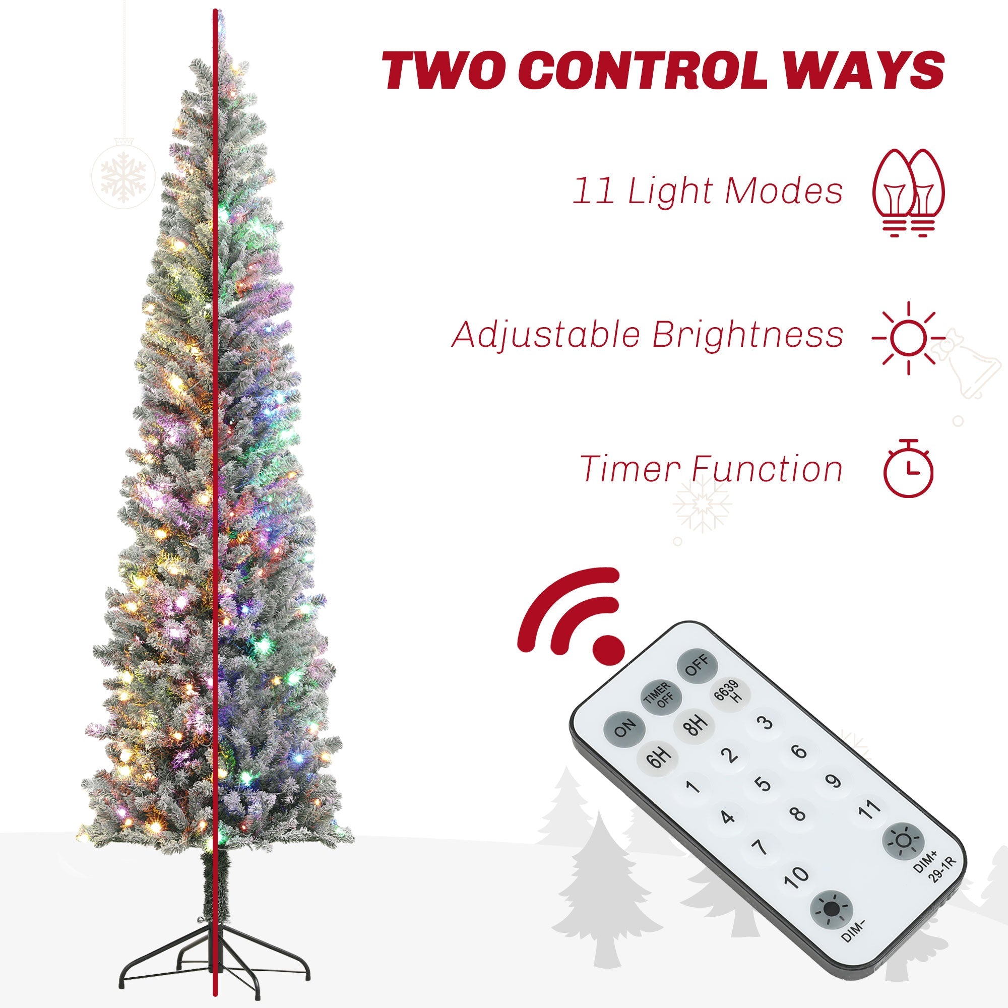 HOMCOM 9ft Prelit Pencil Artificial Christmas Tree, Flocked Xmas Tree with Dual Colour LED Lights, 895 Tips and Metal Stand