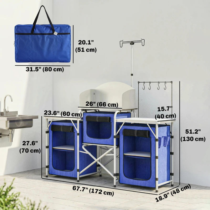 Aluminum Camping Kitchen, Portable Folding Camping Table with Fabric Cupboards, Windshield, Bag for BBQ, Picnic, Blue
