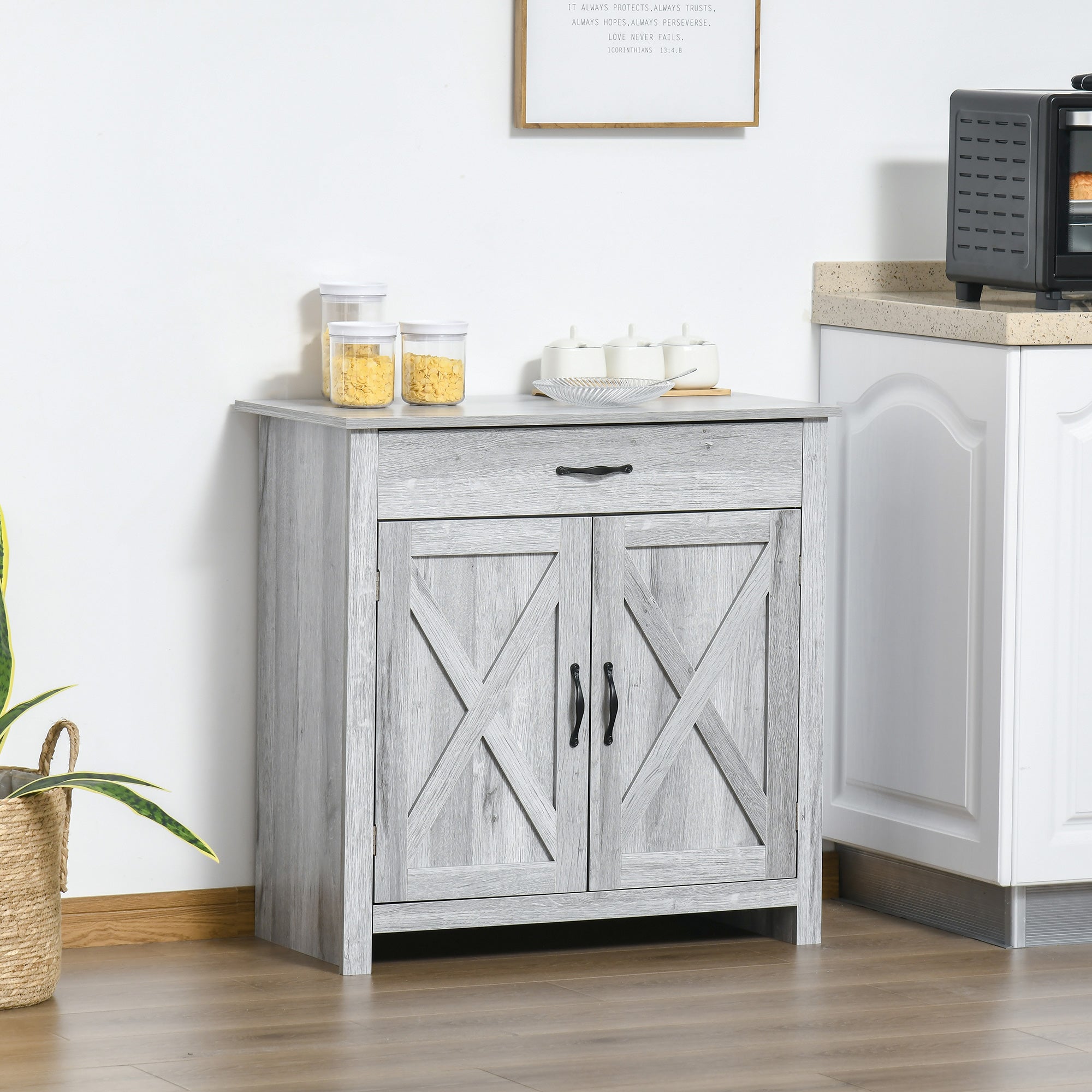 HOMCOM Farmhouse Grey Barn Door Cabinet: Accent Buffet Storage Sideboard Coffee Bar for Living Room, Entryway, Grey Grain Finish