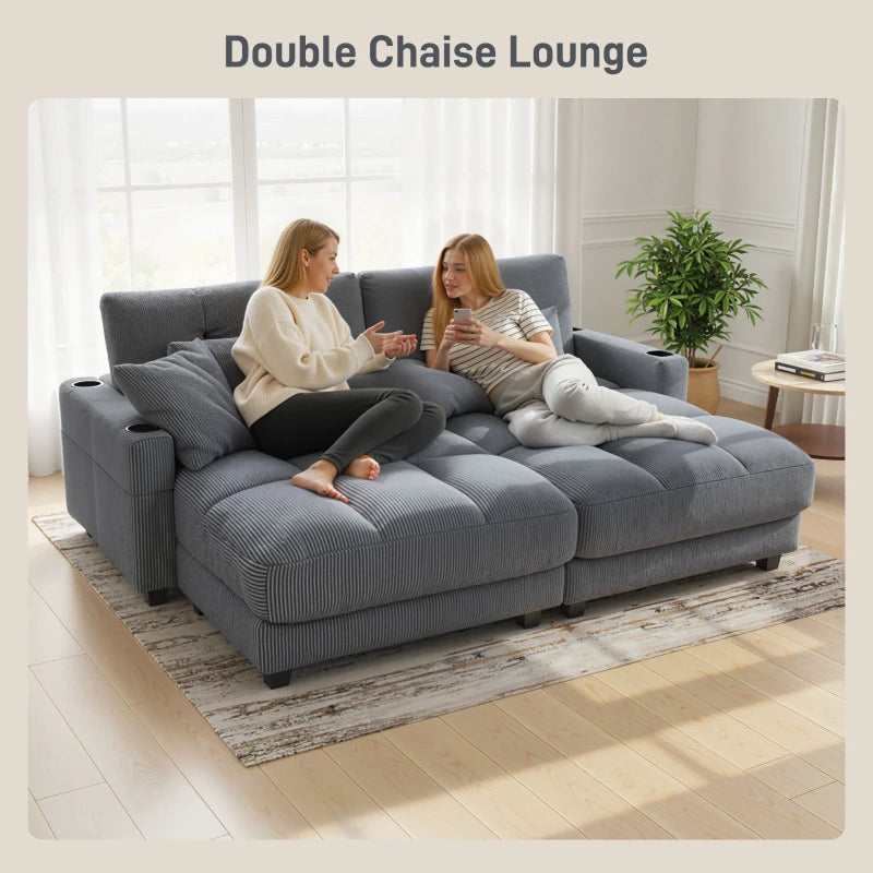 58" Chaise Lounge Indoor, Oversized Corduroy Sofa Bed with 2 Cup Holders, Pillow, Deep Seat Sleeper Couch, Dark Grey