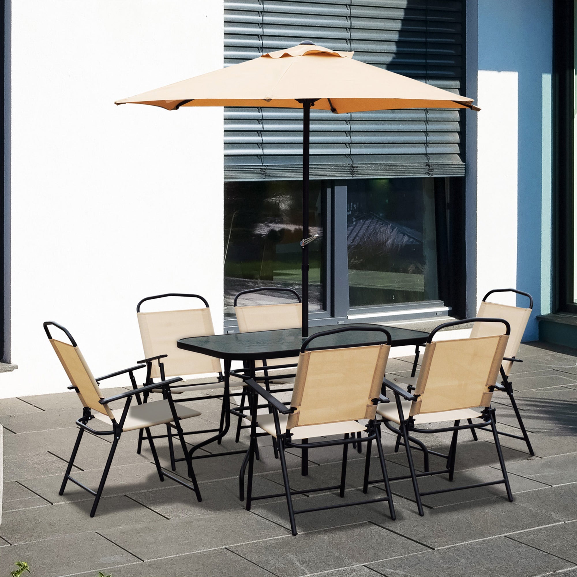 Outsunny 8pc Patio Garden Texteline Dining Set Outdoor Bistro Furniture 6 Folding Chairs with Table and Umbrella Beige