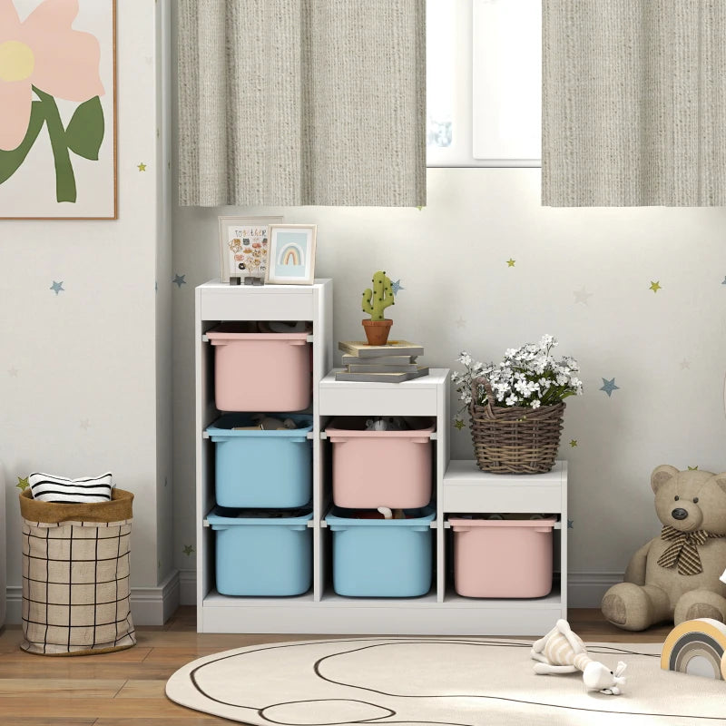 Qaba 3 Layers Toy Storage Organizer Kids Bookshelf Children Toy Storage w/ 6 Plastic Bins, Blue & Pink