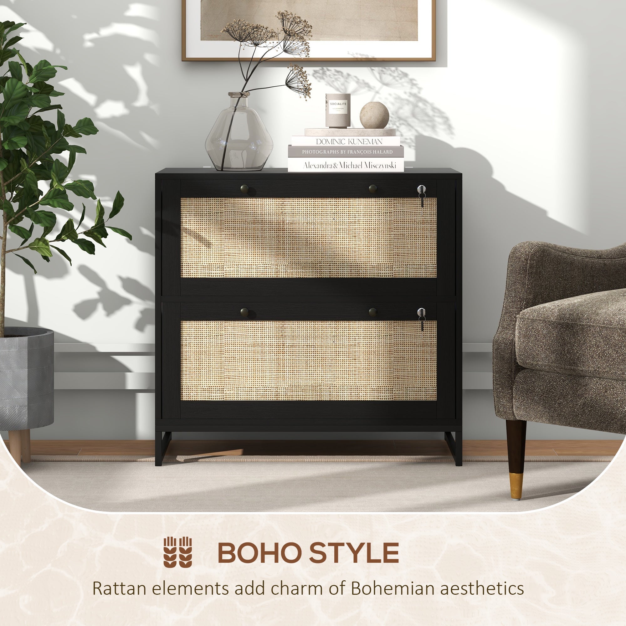 Vinsetto Boho Lockable 2 Drawer File Cabinet Adjustable Bar for Letter A4 Legal Size Black Office Storage
