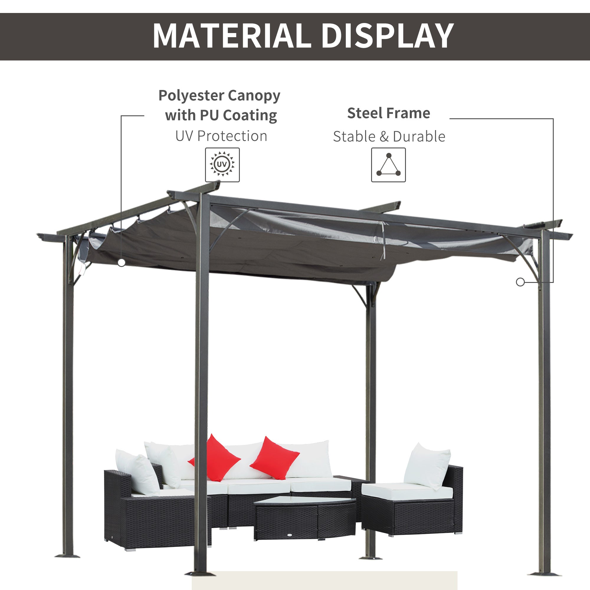 Outsunny 10'x10' Pergola Retractable Gazebo Shade Deck Shelter with Steel Frame, Polyester Canopy, Grey