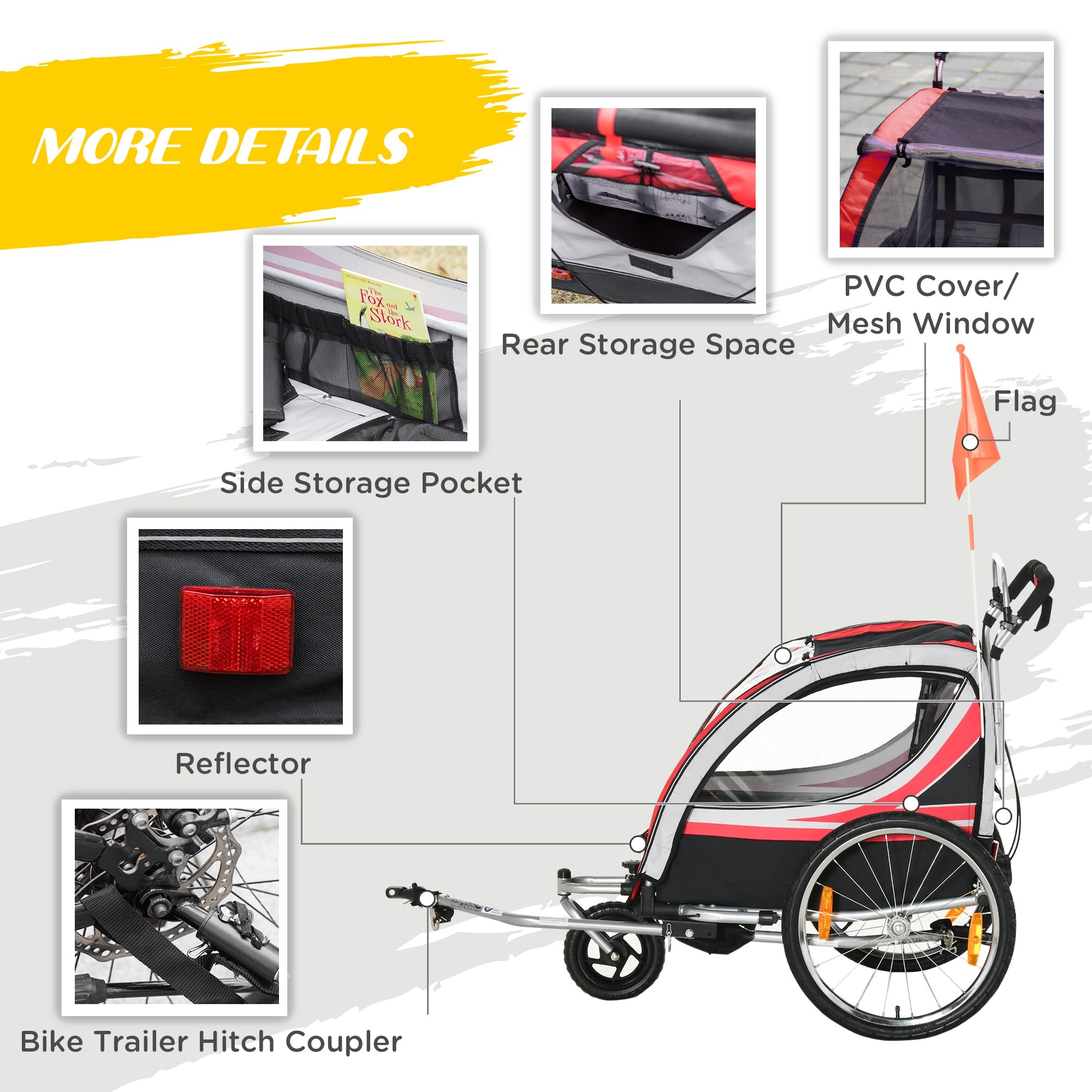 Aosom 2-in-1 Child Bike Trailer & Stroller, Safety Brake, Storage, Reflective, Red, 5-Point Harness