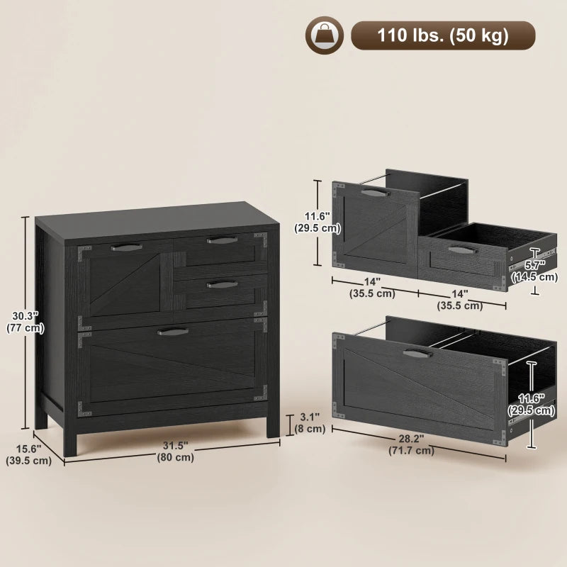 Lateral Filing Cabinet, Farmhouse File Cabinet with 4 Drawers, Fit Letter/A4/Legal Hanging Files, Black Wood Grain