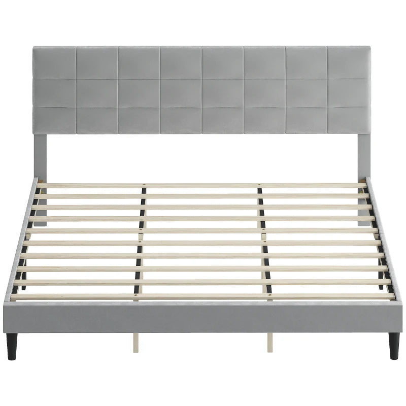 King Size Bed Frame with Upholstered Headboard, Modern Platform Bed Frame with Wood Slats, 1100 lbs Capacity, Grey